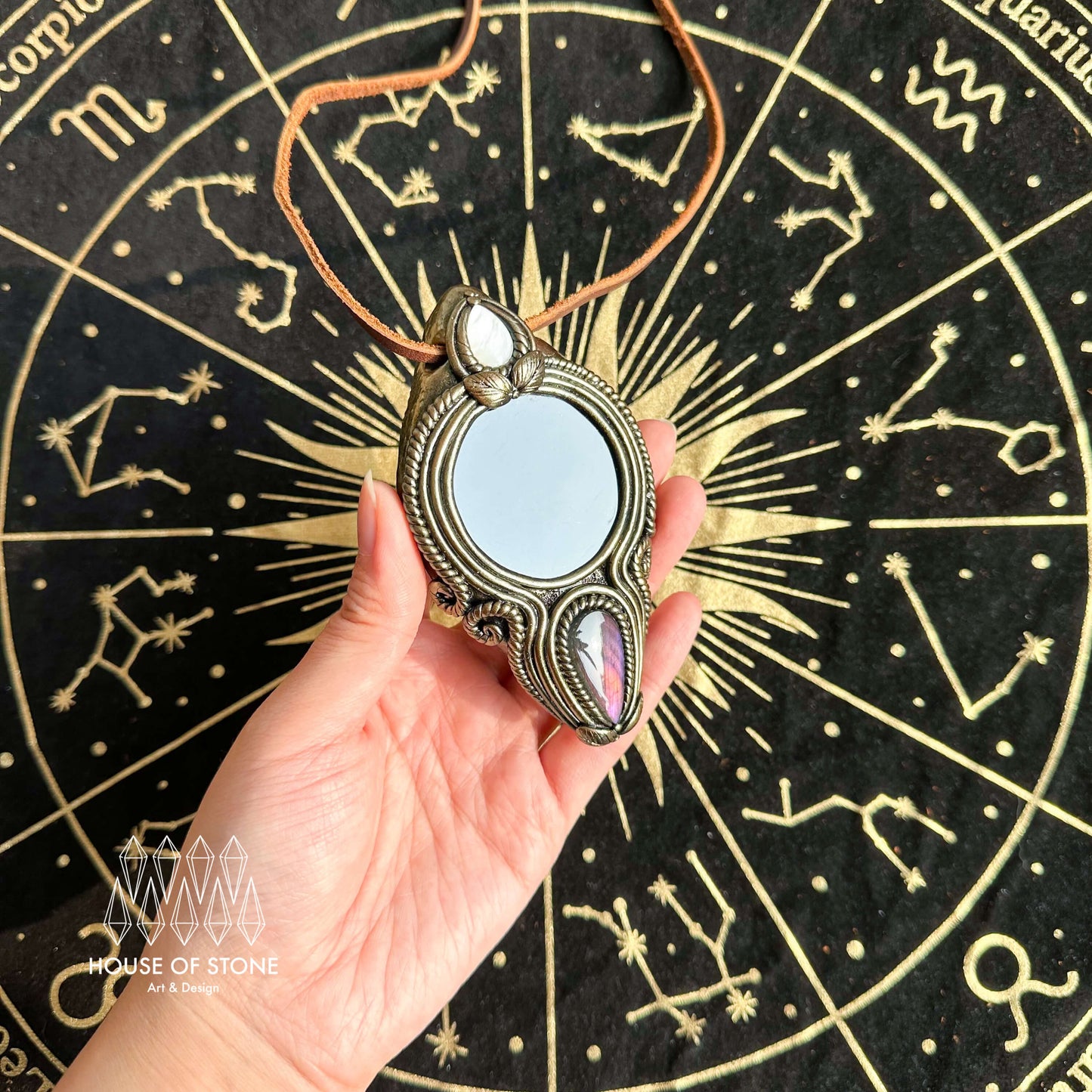 Handmade Natural Black Obsidian Pendant Necklace/Magic Obsidian Mirror Crystal Pendant/Scrying Mirror Labradorite Jewelry/Altar Tool