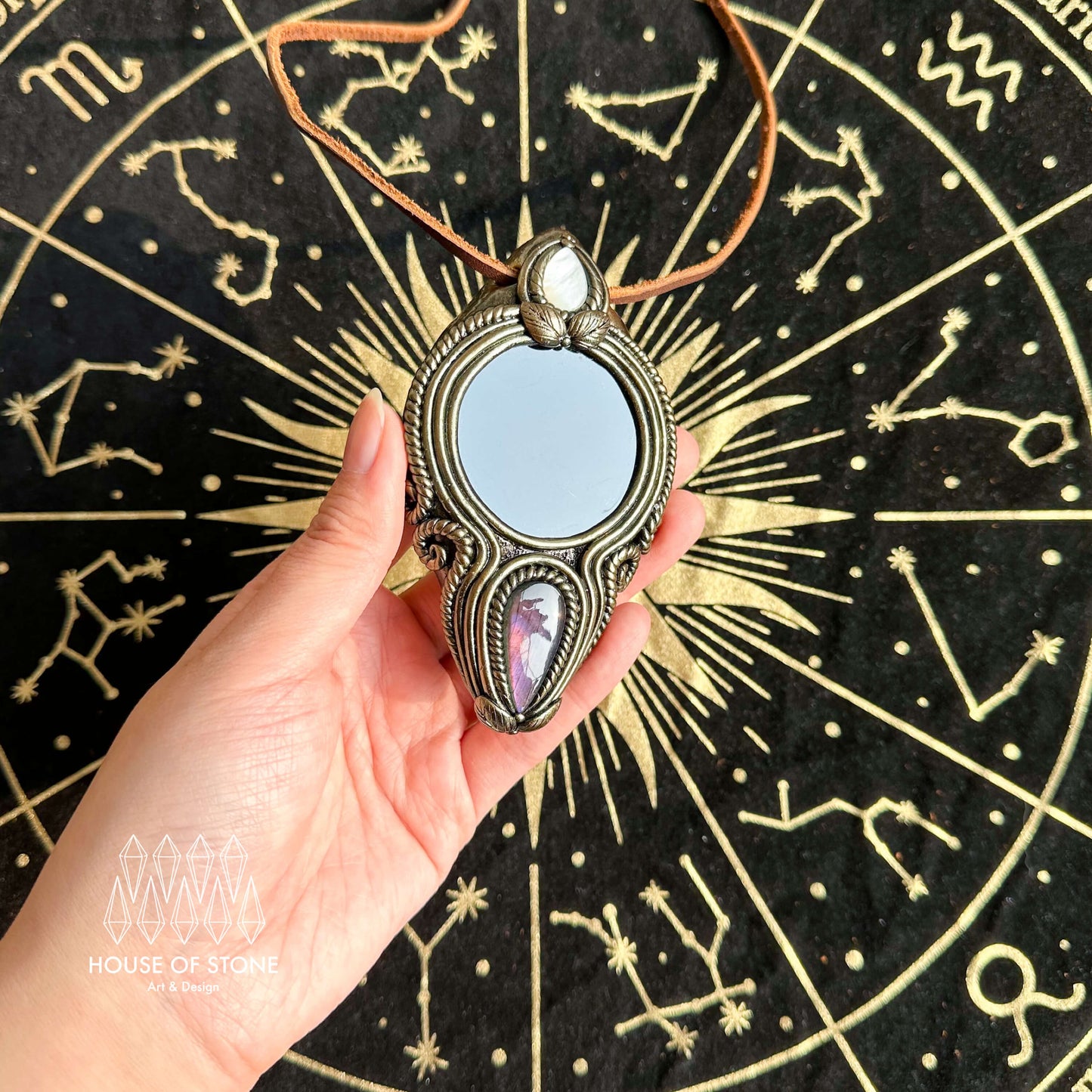 Handmade Natural Black Obsidian Pendant Necklace/Magic Obsidian Mirror Crystal Pendant/Scrying Mirror Labradorite Jewelry/Altar Tool