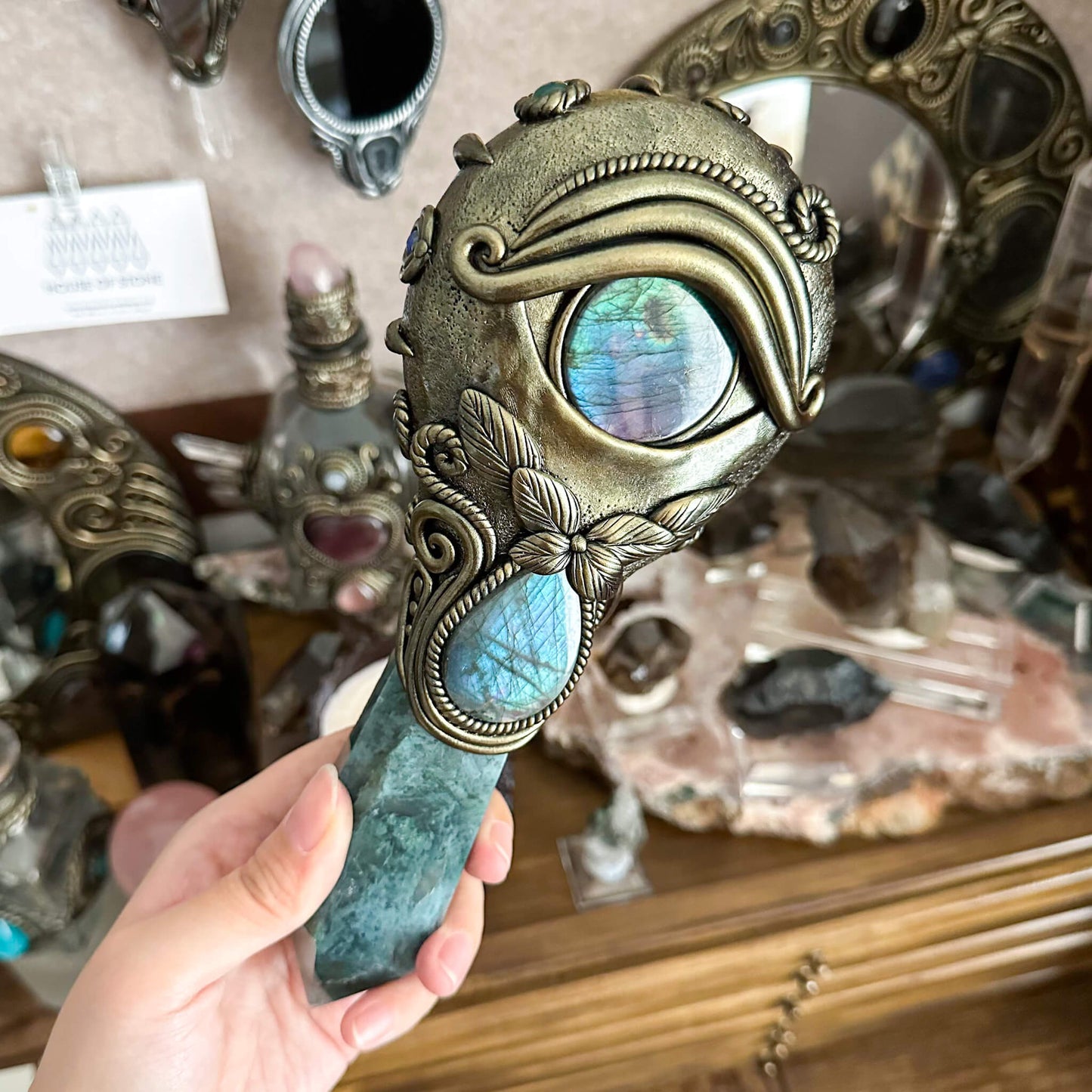 Handmade Natural Black Obsidian Mirror/Magic Obsidian Witch Wand/Crystal Quartz Wand/Scrying Mirror Wand/Root Chakra/Manifest Altar Tool