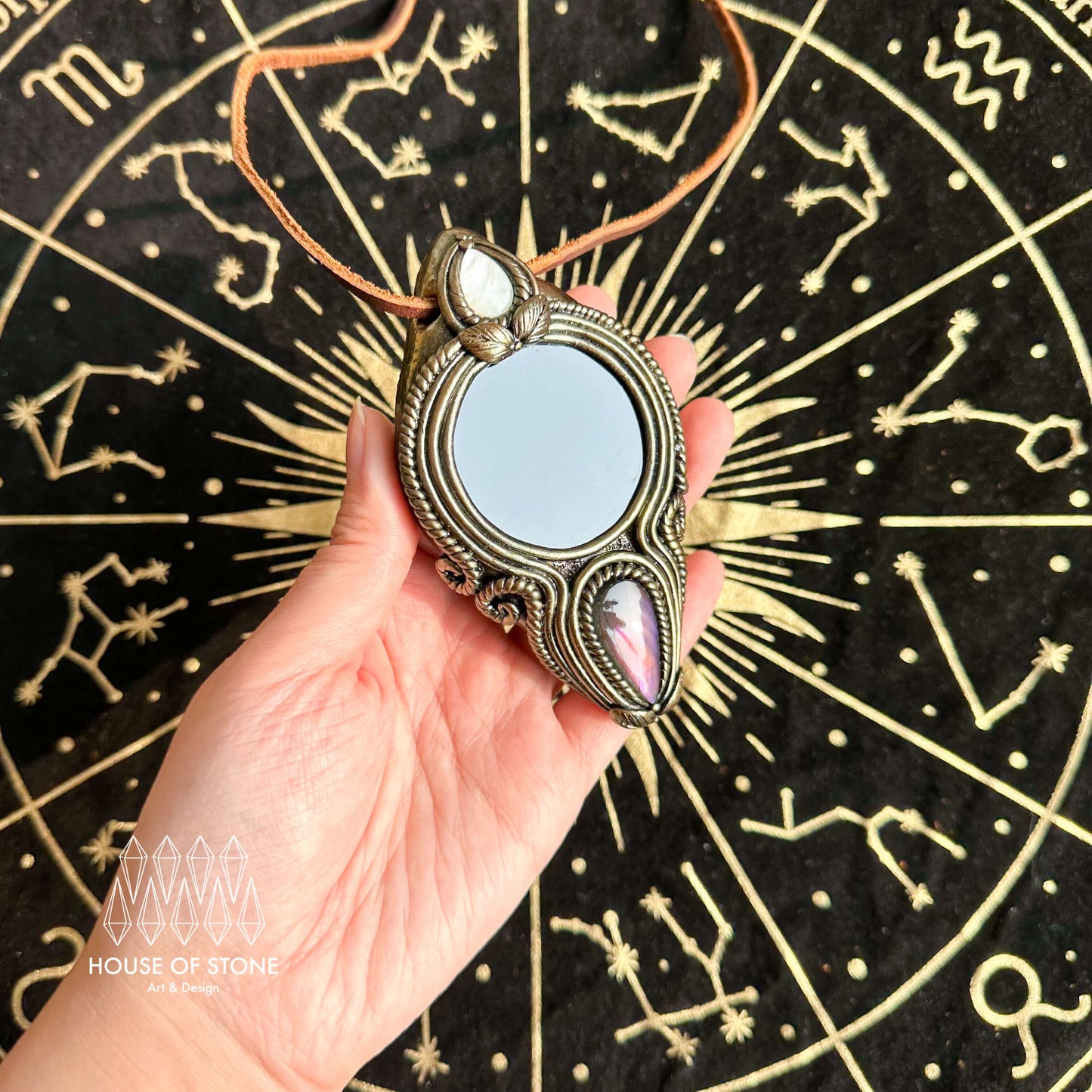 Handmade Natural Black Obsidian Pendant Necklace/Magic Obsidian Mirror Crystal Pendant/Scrying Mirror Labradorite Jewelry/Altar Tool