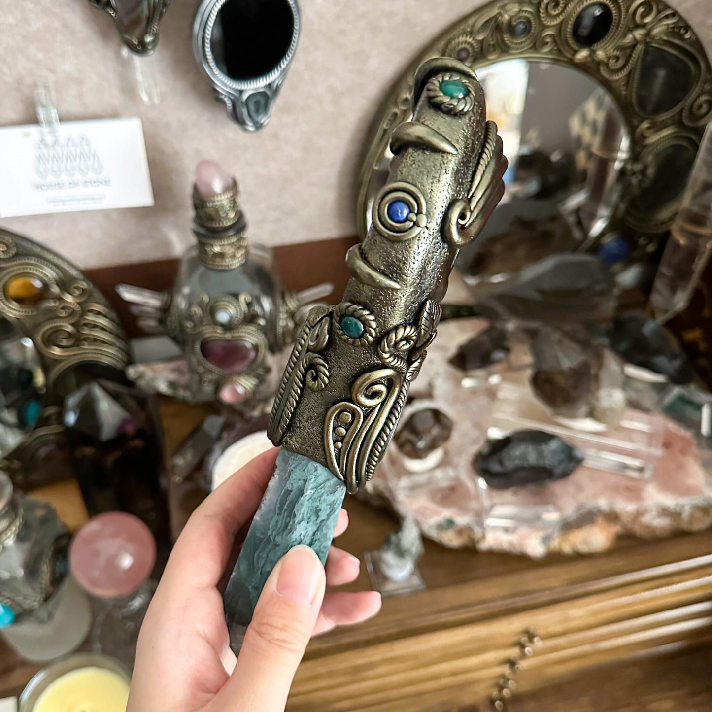 Handmade Natural Black Obsidian Mirror/Magic Obsidian Witch Wand/Crystal Quartz Wand/Scrying Mirror Wand/Root Chakra/Manifest Altar Tool
