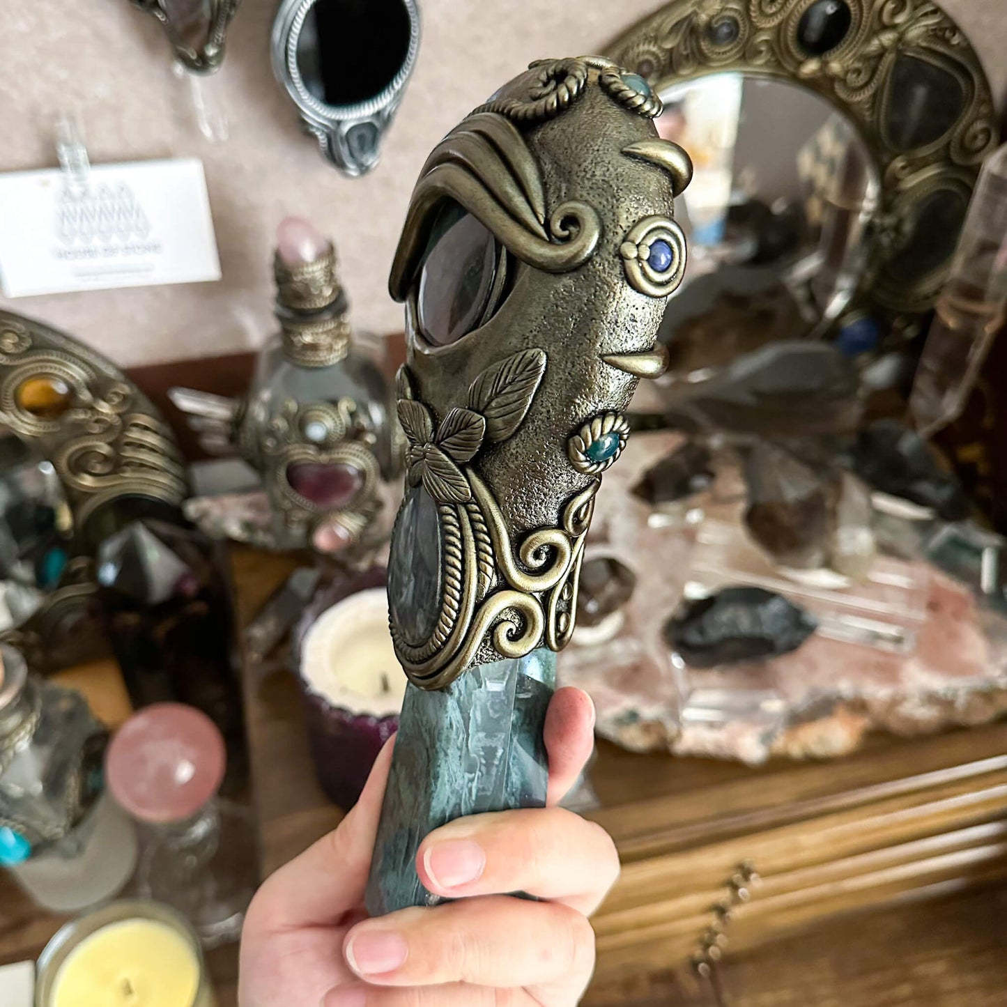 Handmade Natural Black Obsidian Mirror/Magic Obsidian Witch Wand/Crystal Quartz Wand/Scrying Mirror Wand/Root Chakra/Manifest Altar Tool