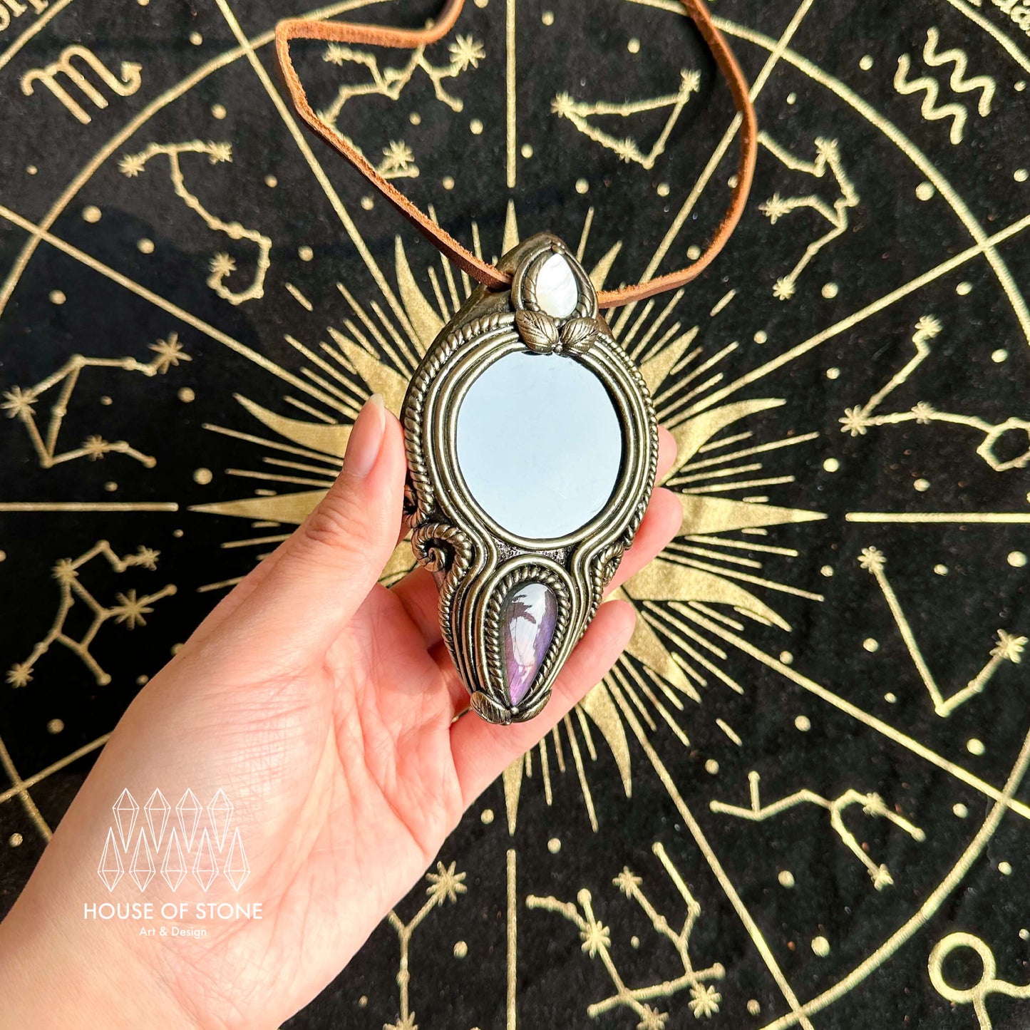 Handmade Natural Black Obsidian Pendant Necklace/Magic Obsidian Mirror Crystal Pendant/Scrying Mirror Labradorite Jewelry/Altar Tool