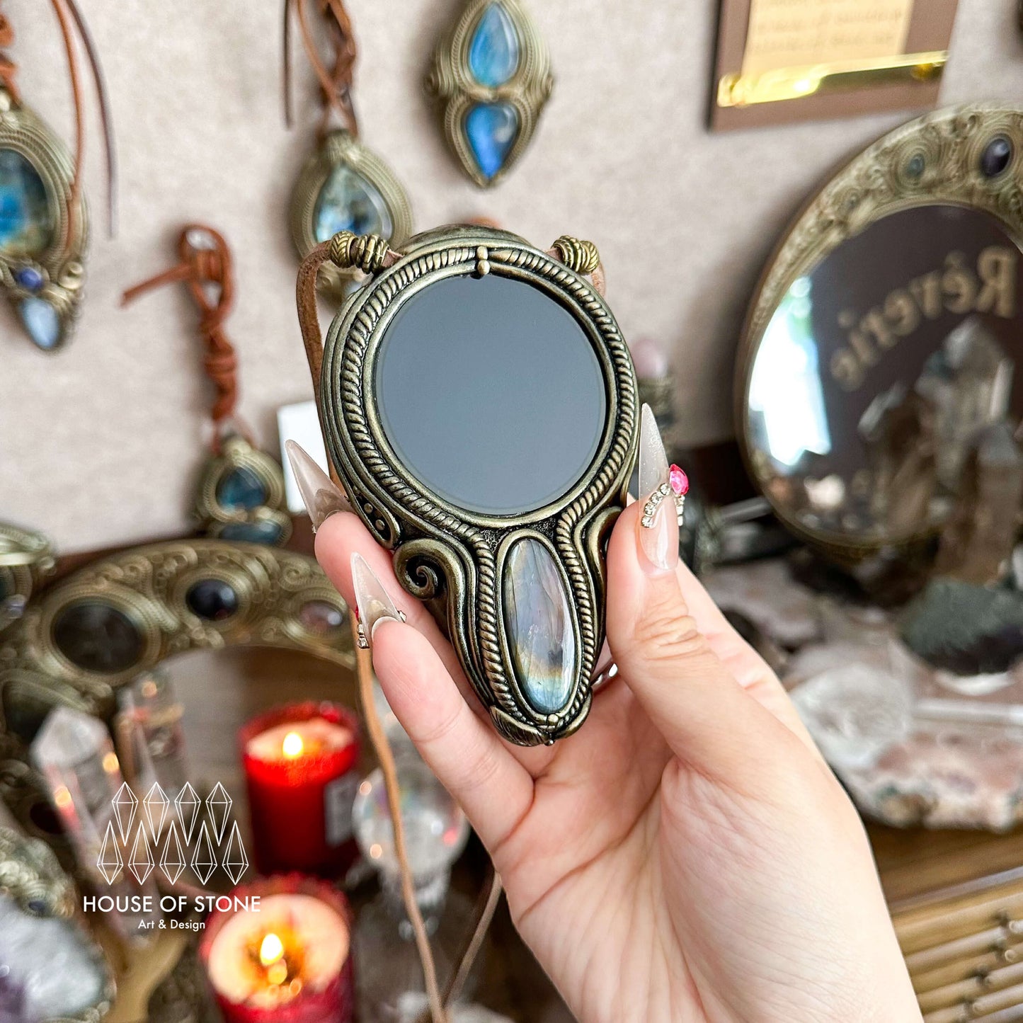 Handmade Natural Black Obsidian Pendant Necklace/Magic Obsidian Mirror Crystal Pendant/Scrying Mirror Labradorite Protection Jewelry/Altar Tool