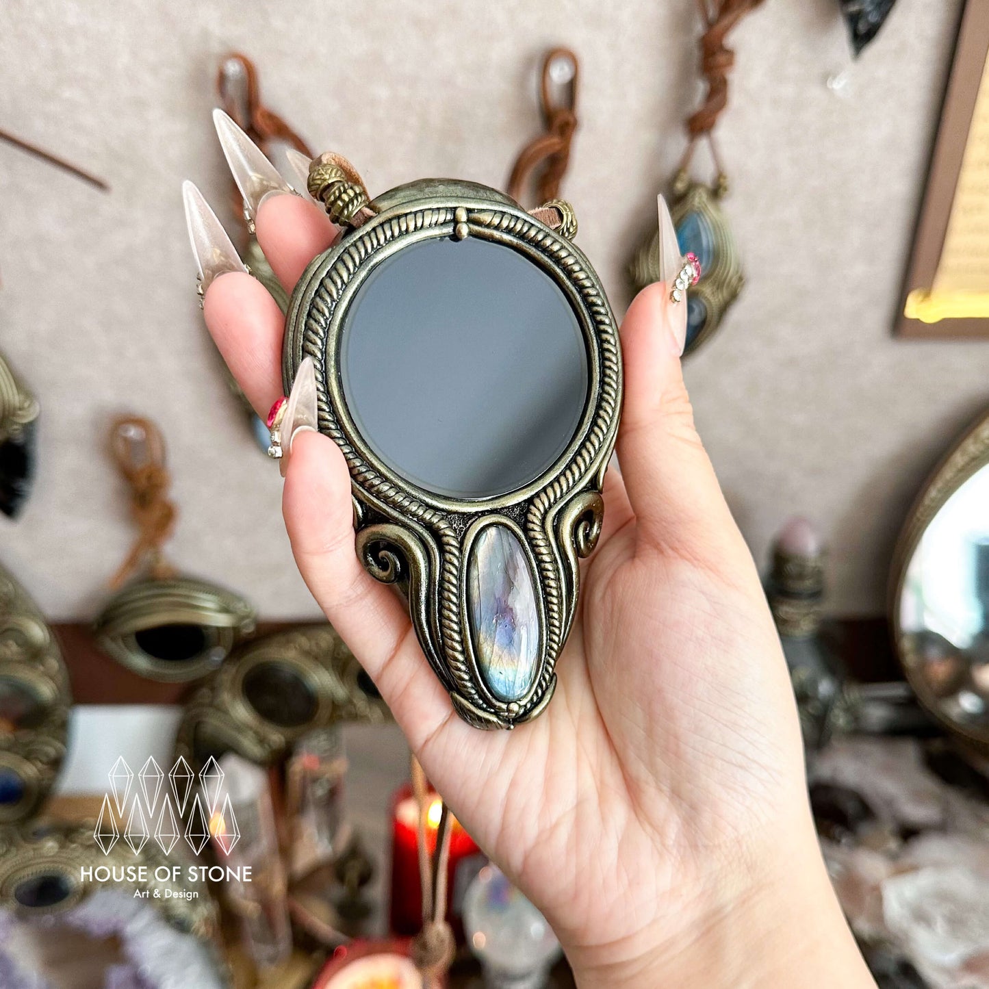Handmade Natural Black Obsidian Pendant Necklace/Magic Obsidian Mirror Crystal Pendant/Scrying Mirror Labradorite Protection Jewelry/Altar Tool