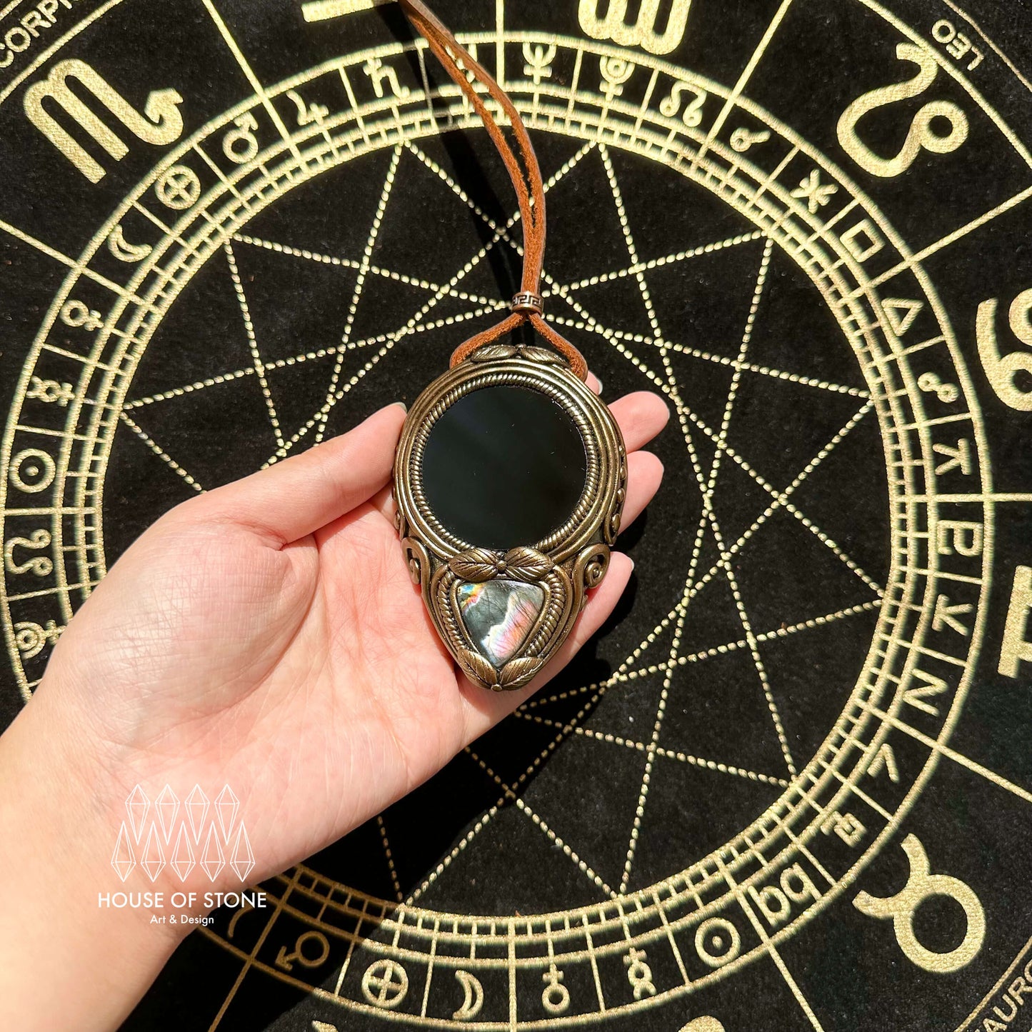 Natural Handmade Black Obsidian Pendant Necklace/Magic Obsidian Mirror Crystal Pendant/Scrying Mirror Labradorite Jewelry/Chakra/Altar Tool