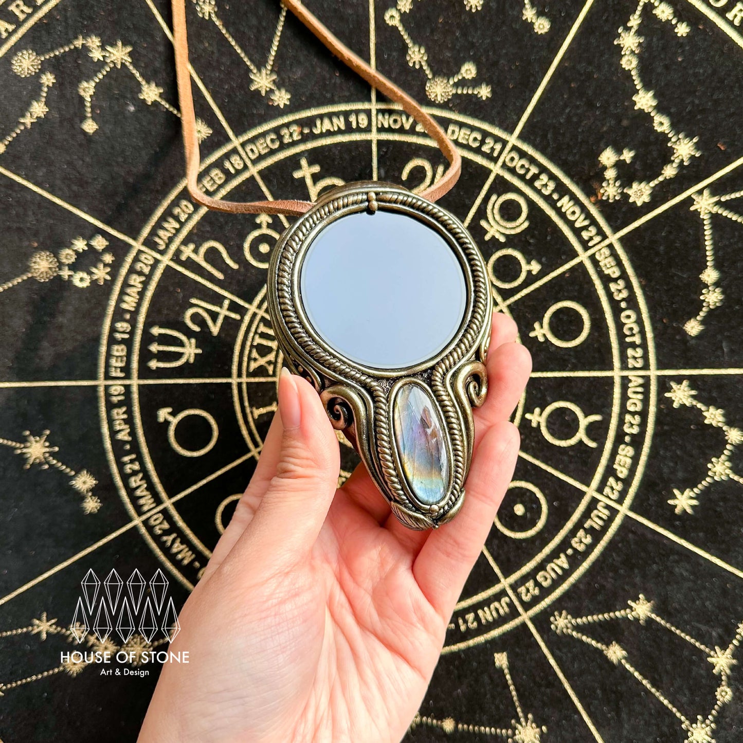 Handmade Natural Black Obsidian Pendant Necklace/Magic Obsidian Mirror Crystal Pendant/Scrying Mirror Labradorite Protection Jewelry/Altar Tool