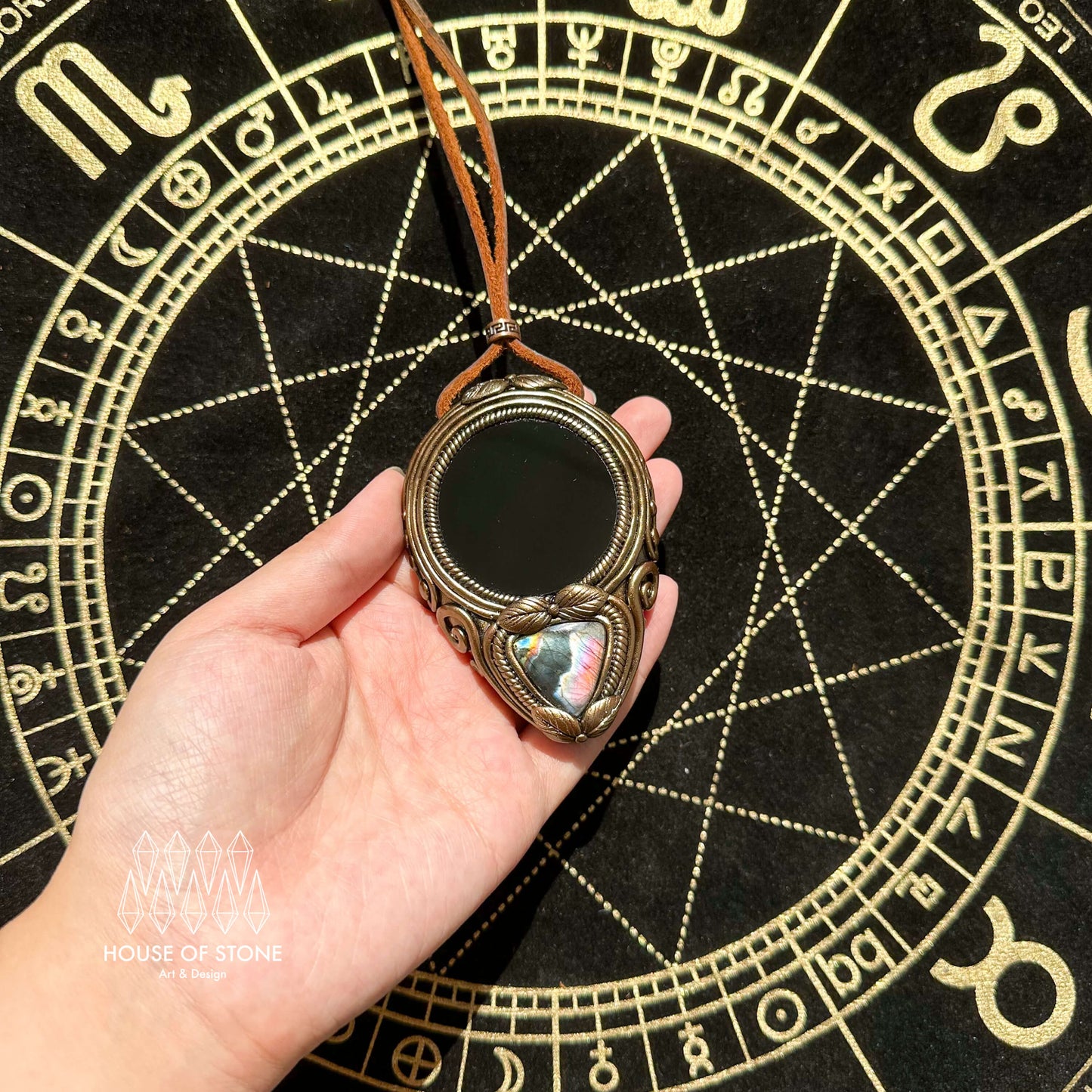 Natural Handmade Black Obsidian Pendant Necklace/Magic Obsidian Mirror Crystal Pendant/Scrying Mirror Labradorite Jewelry/Chakra/Altar Tool