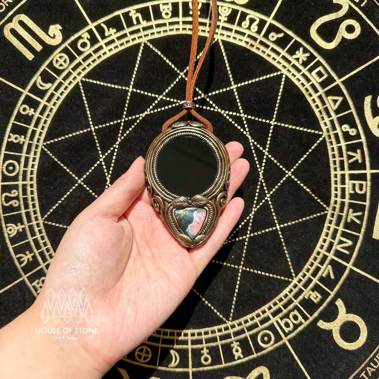 Natural Handmade Black Obsidian Pendant Necklace/Magic Obsidian Mirror Crystal Pendant/Scrying Mirror Labradorite Jewelry/Chakra/Altar Tool