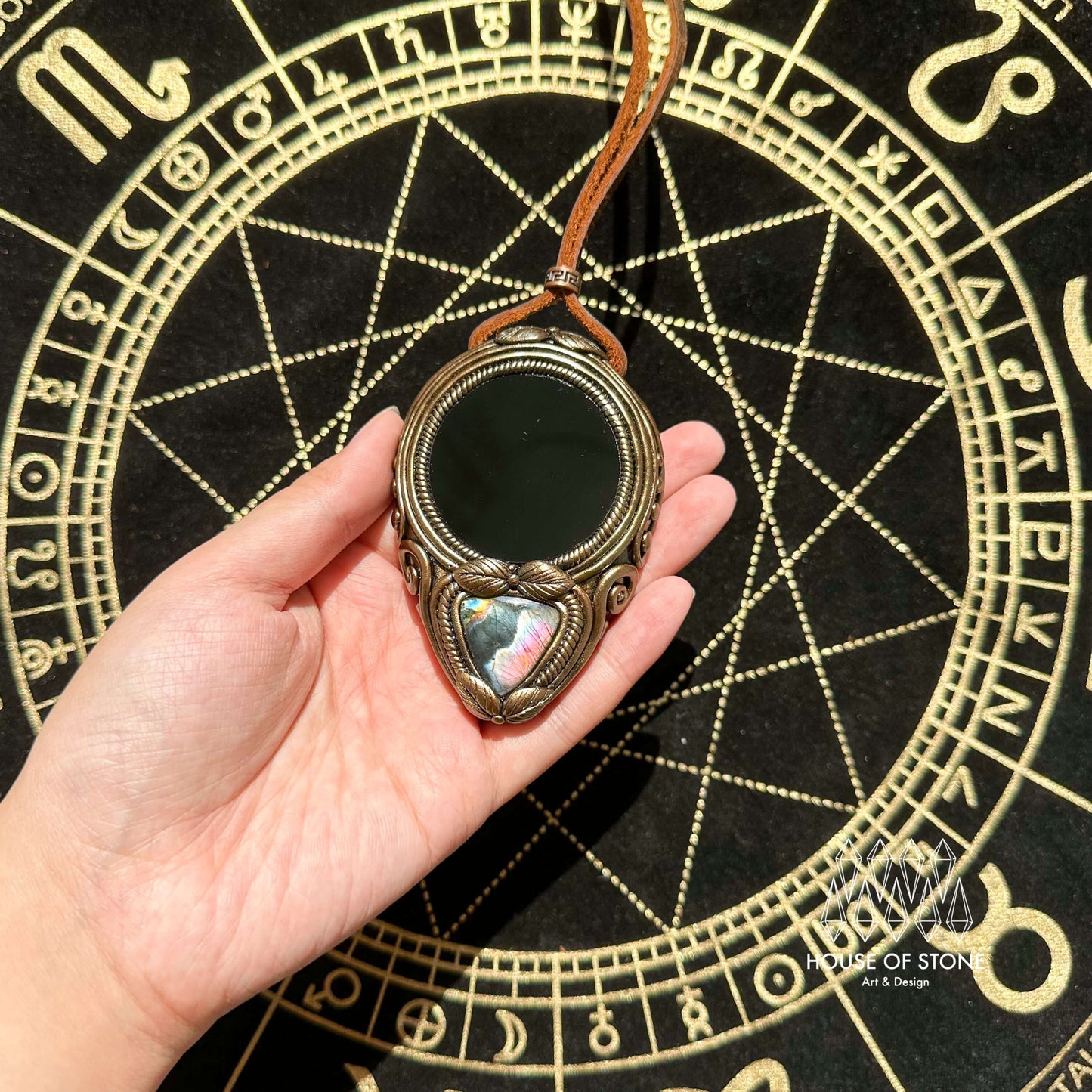 Natural Handmade Black Obsidian Pendant Necklace/Magic Obsidian Mirror Crystal Pendant/Scrying Mirror Labradorite Jewelry/Chakra/Altar Tool