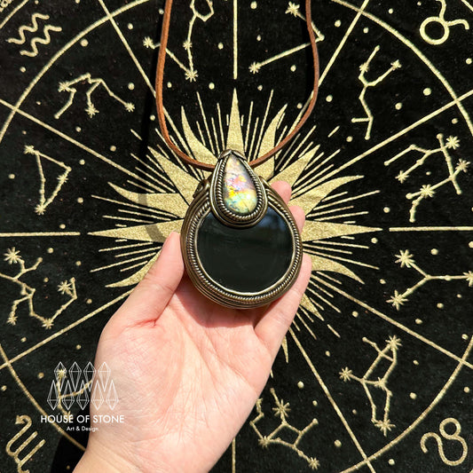 Natural Handmade Black Obsidian Pendant Necklace/Magic Obsidian Mirror Crystal Pendant/Scrying Mirror Labradorite Jewelry/Altar Tool