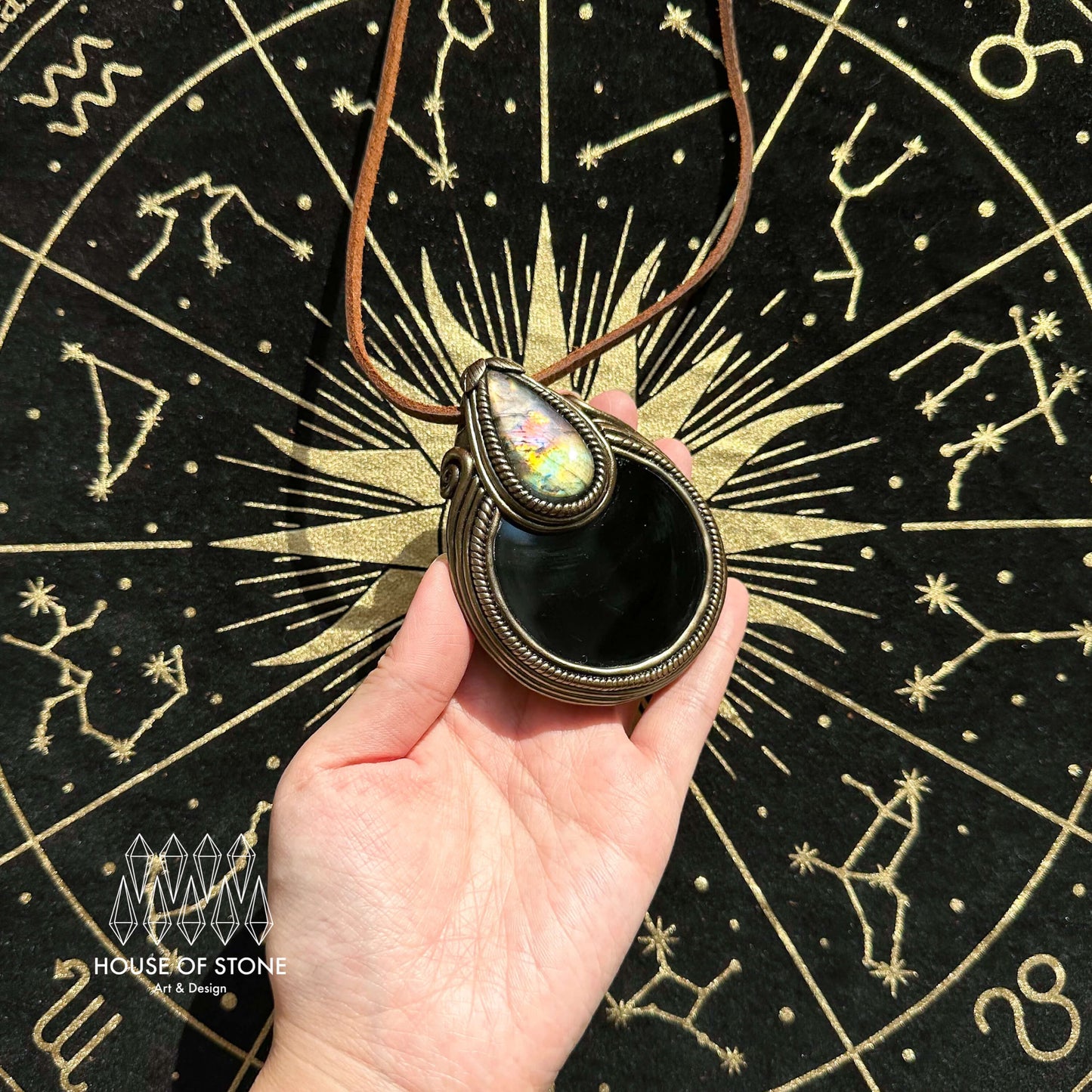 Natural Handmade Black Obsidian Pendant Necklace/Magic Obsidian Mirror Crystal Pendant/Scrying Mirror Labradorite Jewelry/Altar Tool