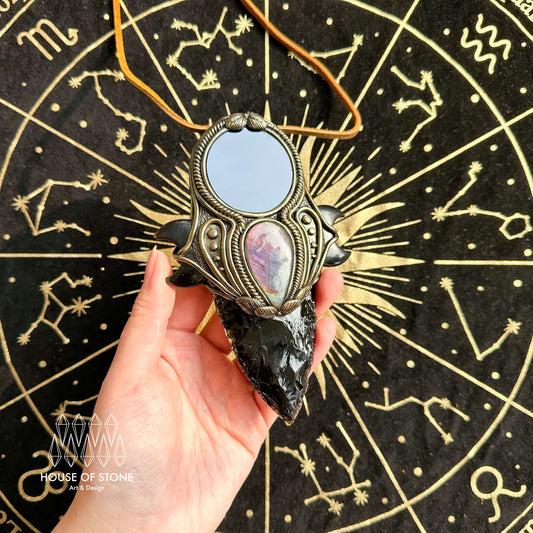 Handmade Natural Black Obsidian Pendant Necklace/Magic Obsidian Mirror Crystal Pendant/Scrying Mirror Labradorite Ptotection Jewelry/Altar Tool