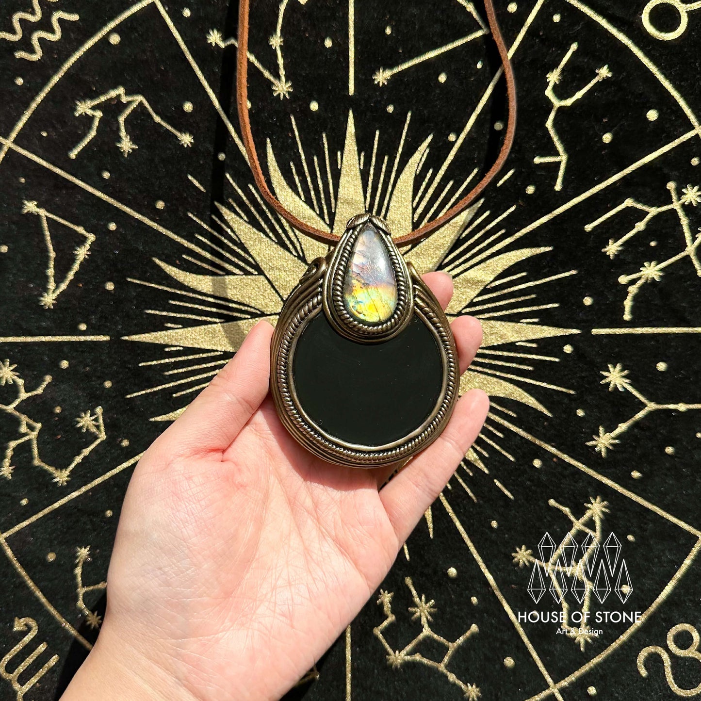 Natural Handmade Black Obsidian Pendant Necklace/Magic Obsidian Mirror Crystal Pendant/Scrying Mirror Labradorite Jewelry/Altar Tool