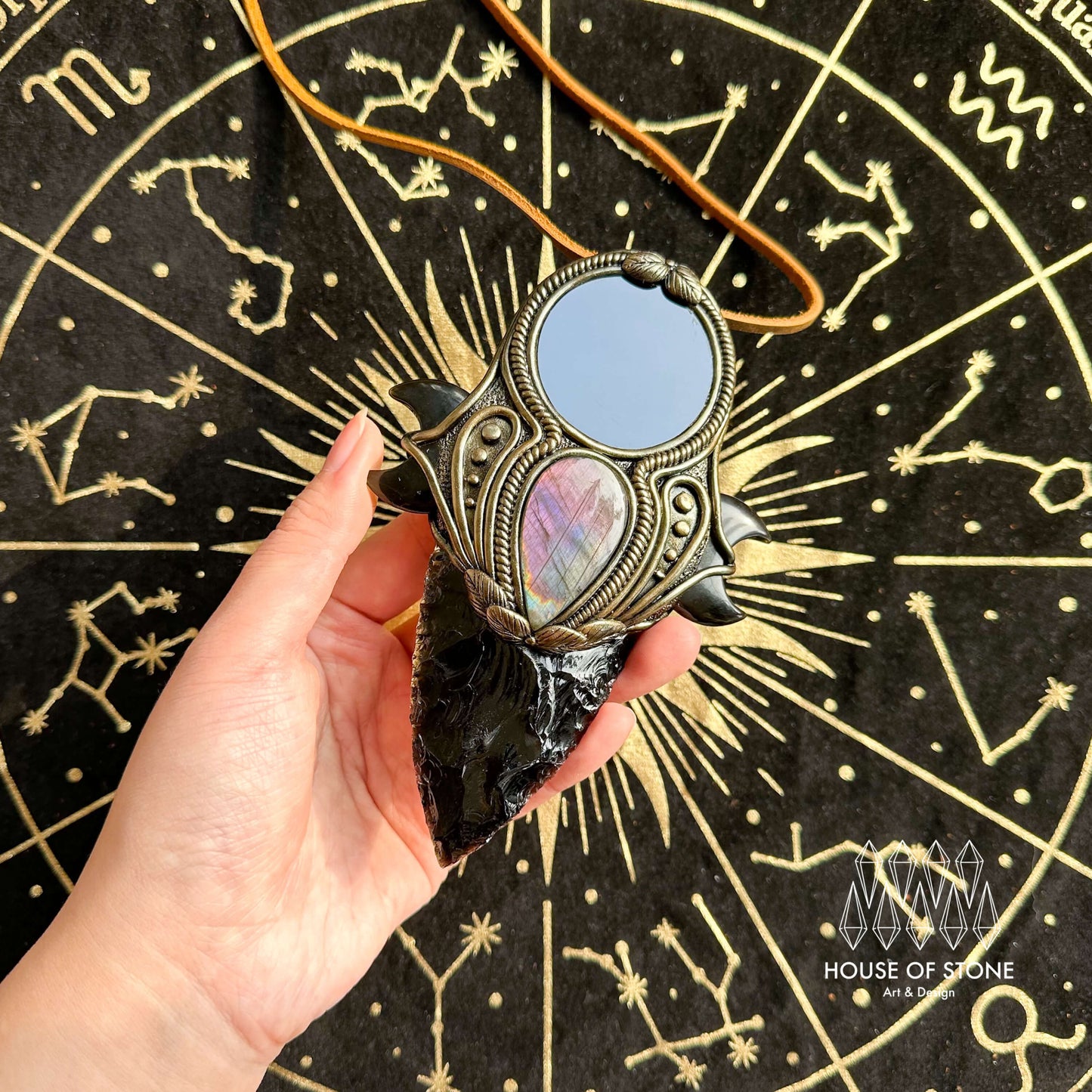 Handmade Natural Black Obsidian Pendant Necklace/Magic Obsidian Mirror Crystal Pendant/Scrying Mirror Labradorite Ptotection Jewelry/Altar Tool