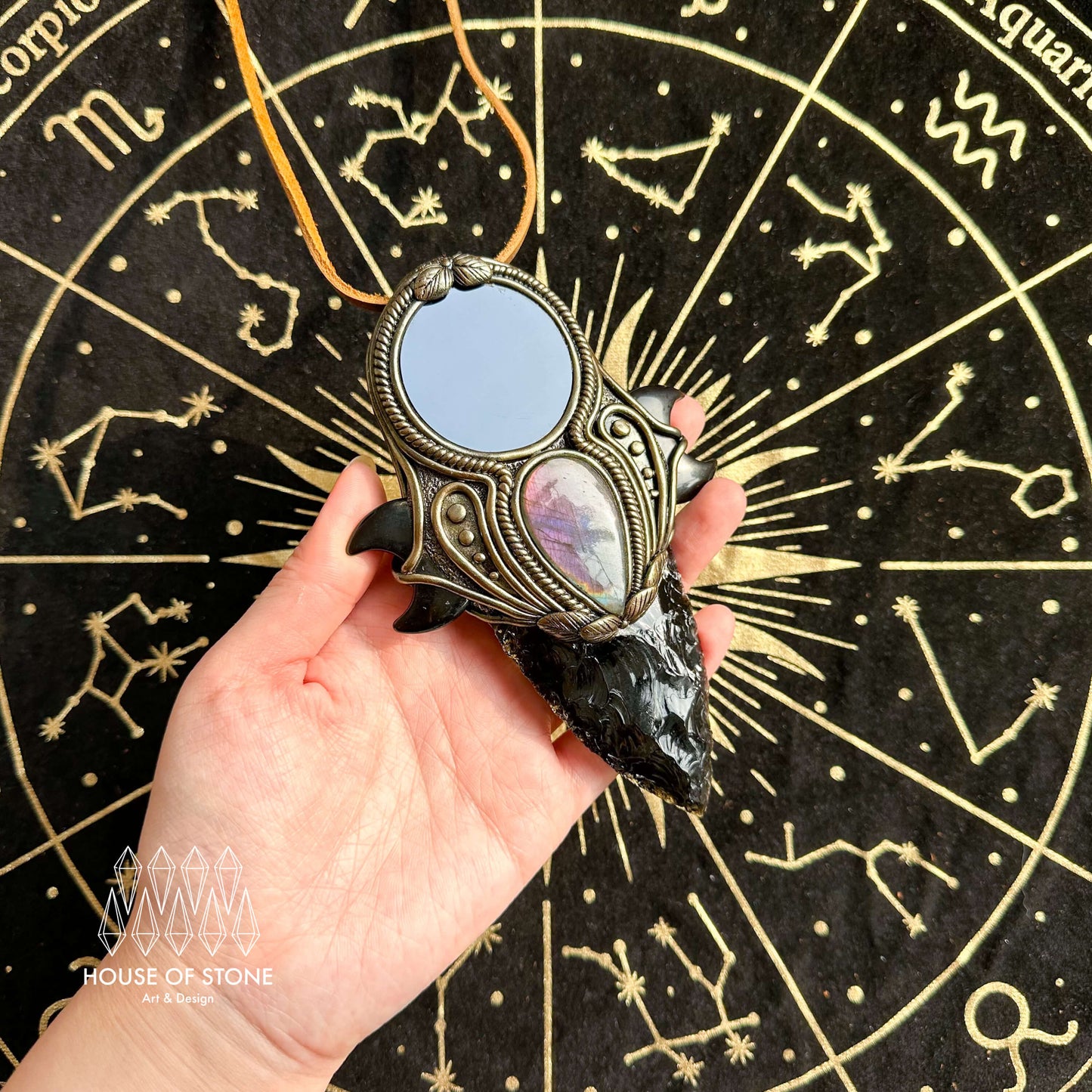 Handmade Natural Black Obsidian Pendant Necklace/Magic Obsidian Mirror Crystal Pendant/Scrying Mirror Labradorite Ptotection Jewelry/Altar Tool