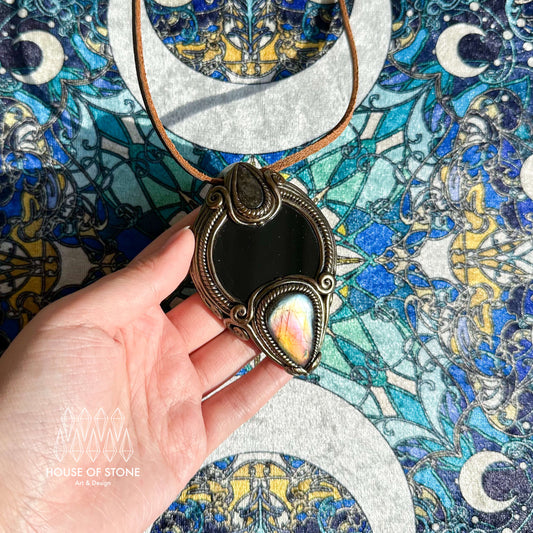 Natural Handmade Black Obsidian Pendant Necklace/Magic Obsidian Mirror Crystal Pendant/Scrying Mirror Labradorite Jewelry/Altar Tool