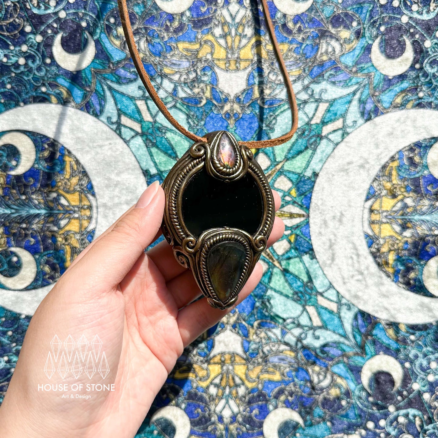 Natural Handmade Black Obsidian Pendant Necklace/Magic Obsidian Mirror Crystal Pendant/Scrying Mirror Labradorite Jewelry/Altar Tool