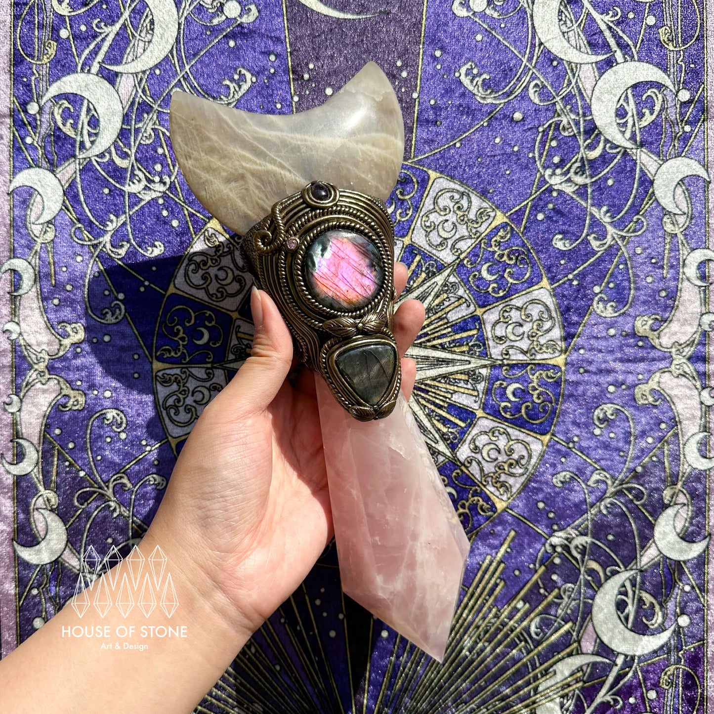 Natural Handmade Crystal Quartz Wand/Magic Witch Crystal Wand/Moonstone Rose Quartz Labradorite Wand/Chakra Healing/Manifest Altar Tool