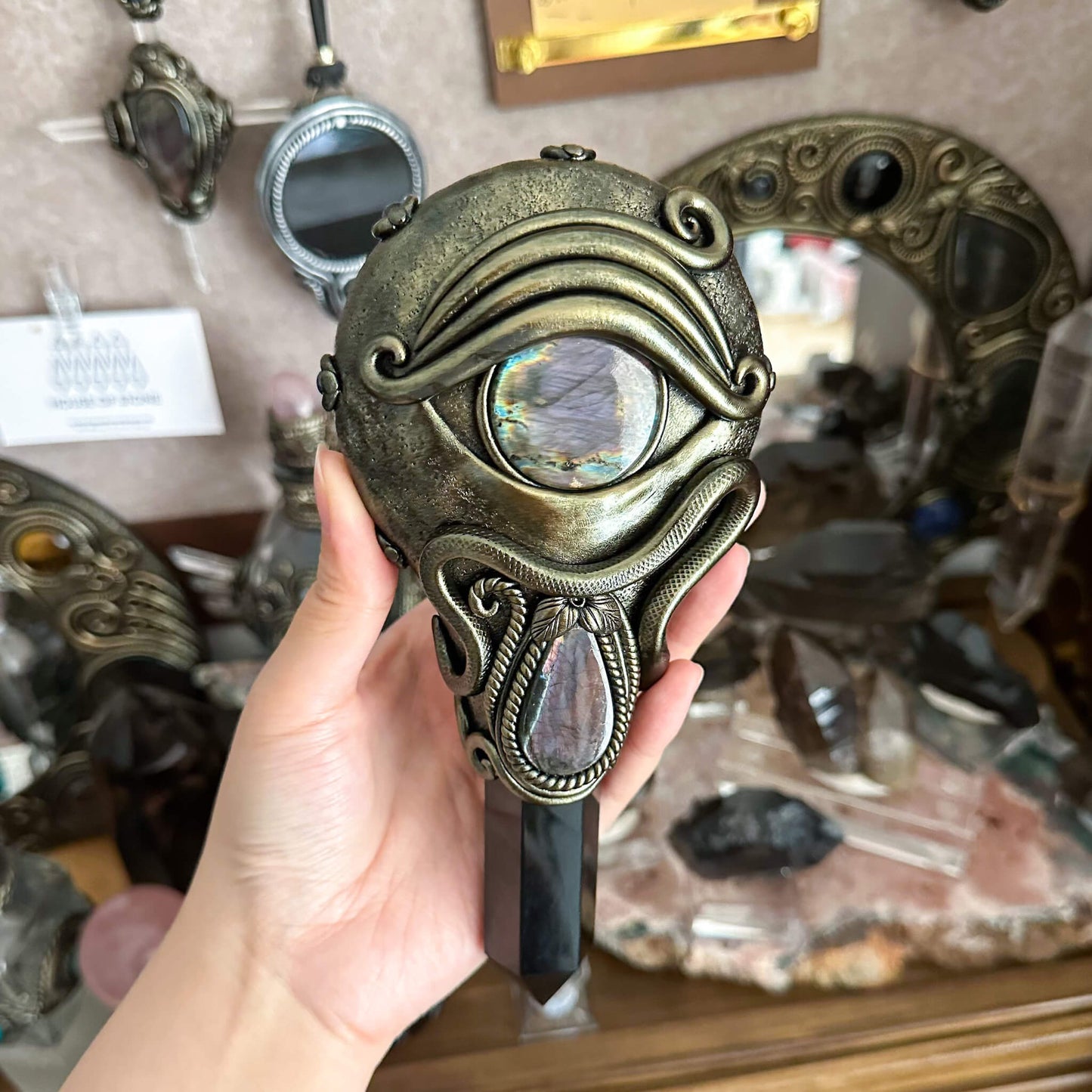 Handmade Natural Black Obsidian Mirror/Magic Obsidian Witch Wand/Crystal Quartz Wand/Scrying Mirror Wand/Root Chakra/Manifest Altar Tool