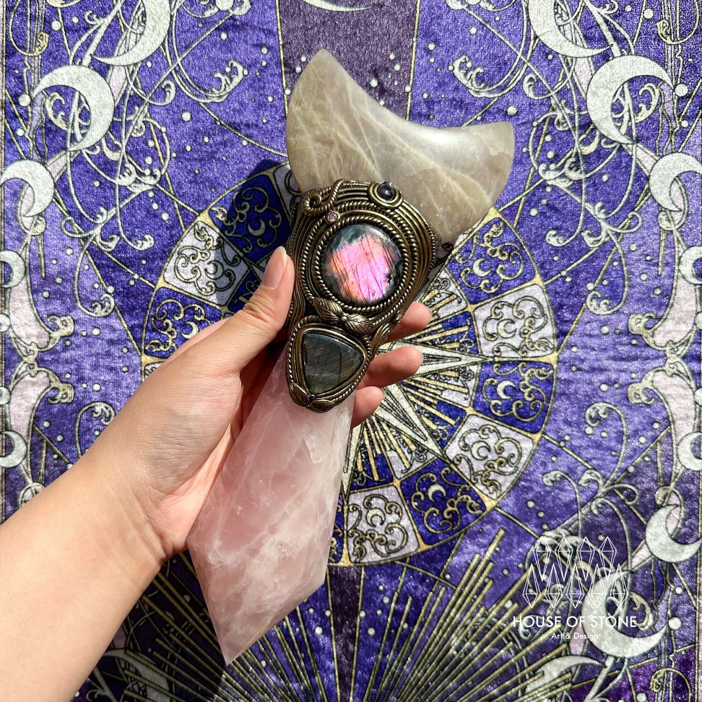 Natural Handmade Crystal Quartz Wand/Magic Witch Crystal Wand/Moonstone Rose Quartz Labradorite Wand/Chakra Healing/Manifest Altar Tool