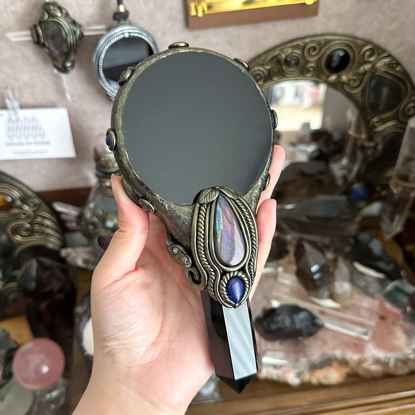 Handmade Natural Black Obsidian Mirror/Magic Obsidian Witch Wand/Crystal Quartz Wand/Scrying Mirror Wand/Root Chakra/Manifest Altar Tool