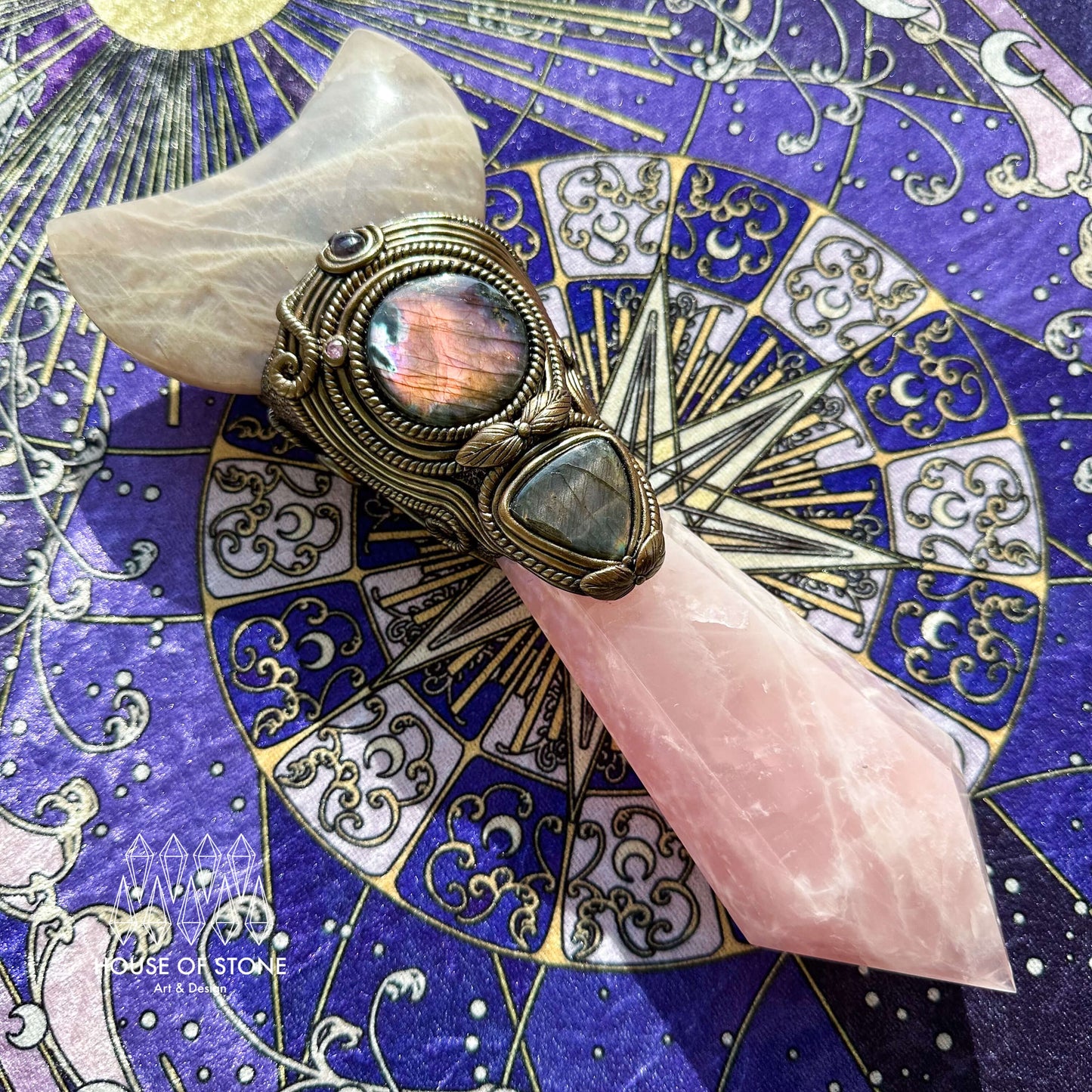 Natural Handmade Crystal Quartz Wand/Magic Witch Crystal Wand/Moonstone Rose Quartz Labradorite Wand/Chakra Healing/Manifest Altar Tool