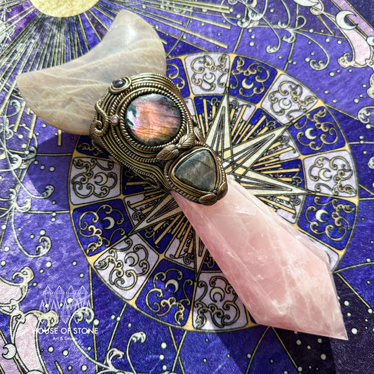 Natural Handmade Crystal Quartz Wand/Magic Witch Crystal Wand/Moonstone Rose Quartz Labradorite Wand/Chakra Healing/Manifest Altar Tool