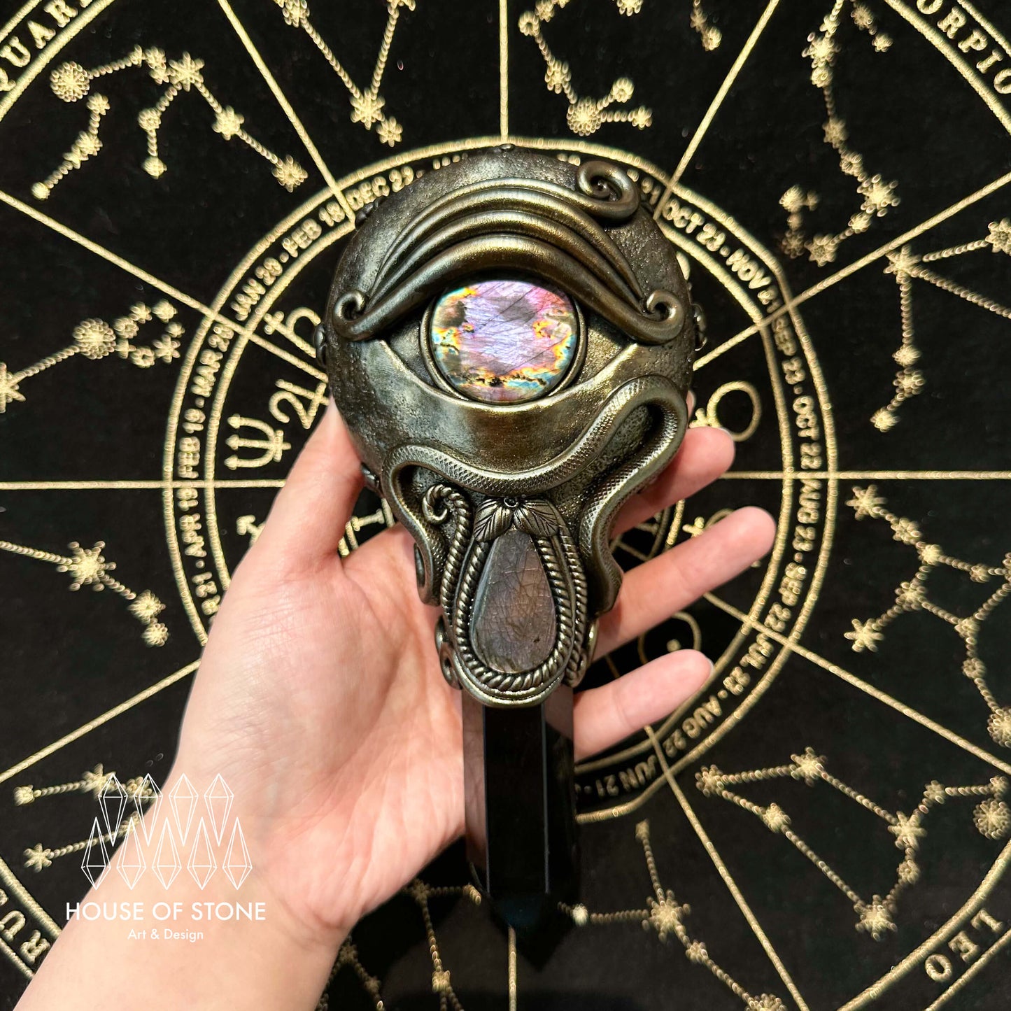 Handmade Natural Black Obsidian Mirror/Magic Obsidian Witch Wand/Crystal Quartz Wand/Scrying Mirror Wand/Root Chakra/Manifest Altar Tool