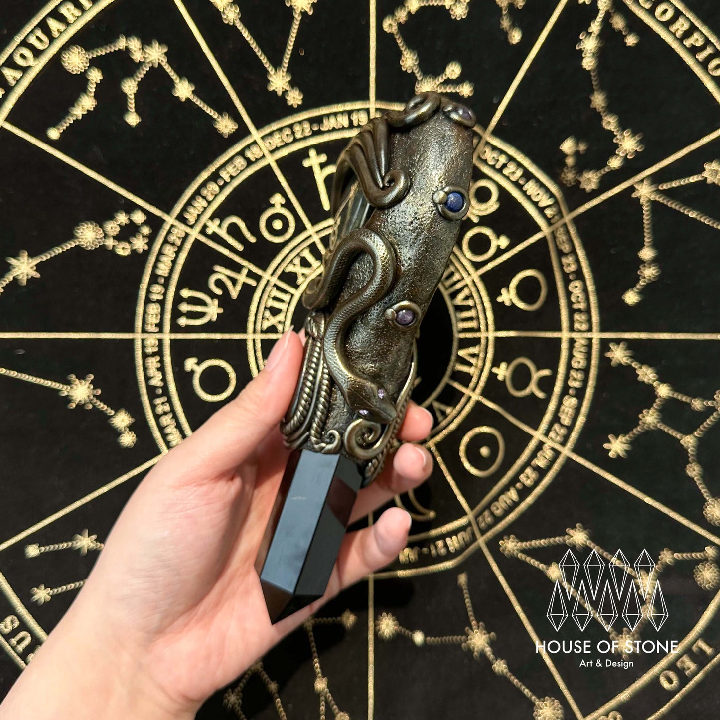 Handmade Natural Black Obsidian Mirror/Magic Obsidian Witch Wand/Crystal Quartz Wand/Scrying Mirror Wand/Root Chakra/Manifest Altar Tool