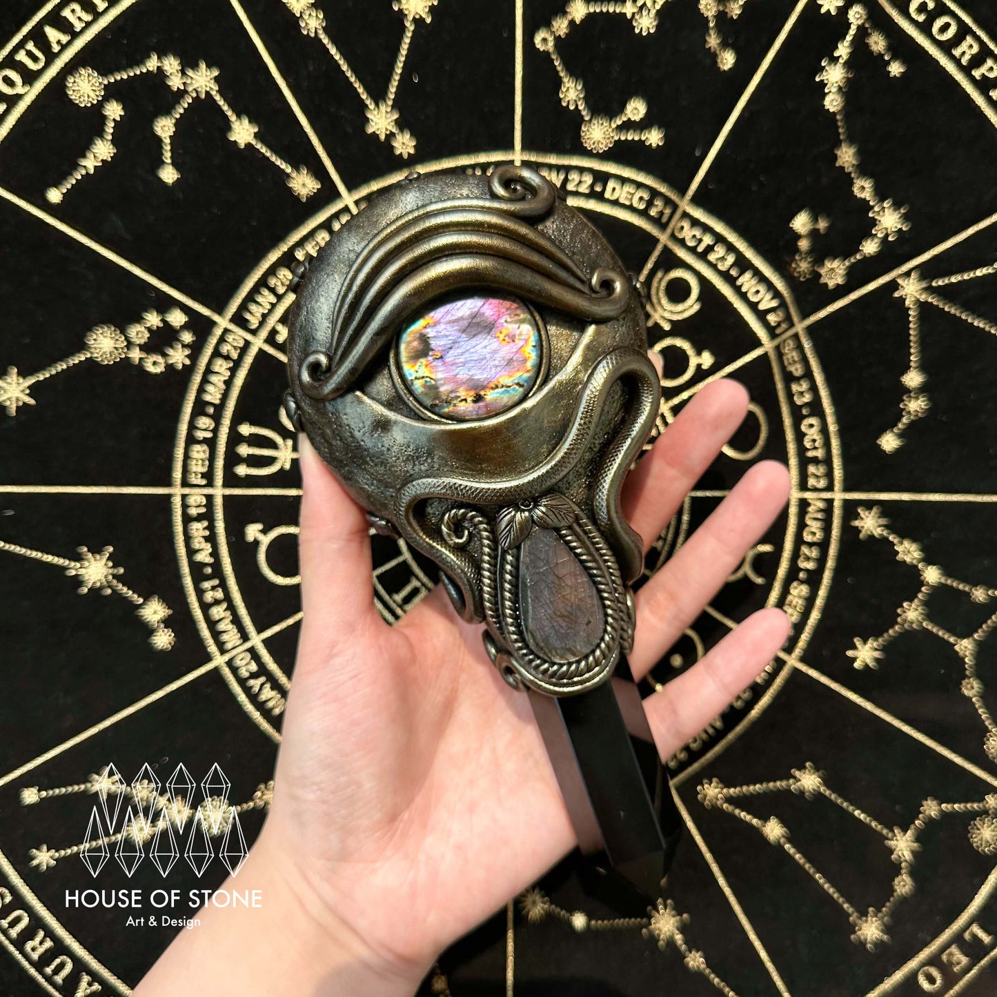 Handmade Natural Black Obsidian Mirror/Magic Obsidian Witch Wand/Crystal Quartz Wand/Scrying Mirror Wand/Root Chakra/Manifest Altar Tool