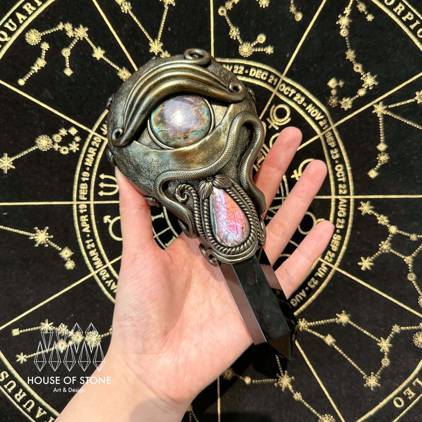 Handmade Natural Black Obsidian Mirror/Magic Obsidian Witch Wand/Crystal Quartz Wand/Scrying Mirror Wand/Root Chakra/Manifest Altar Tool