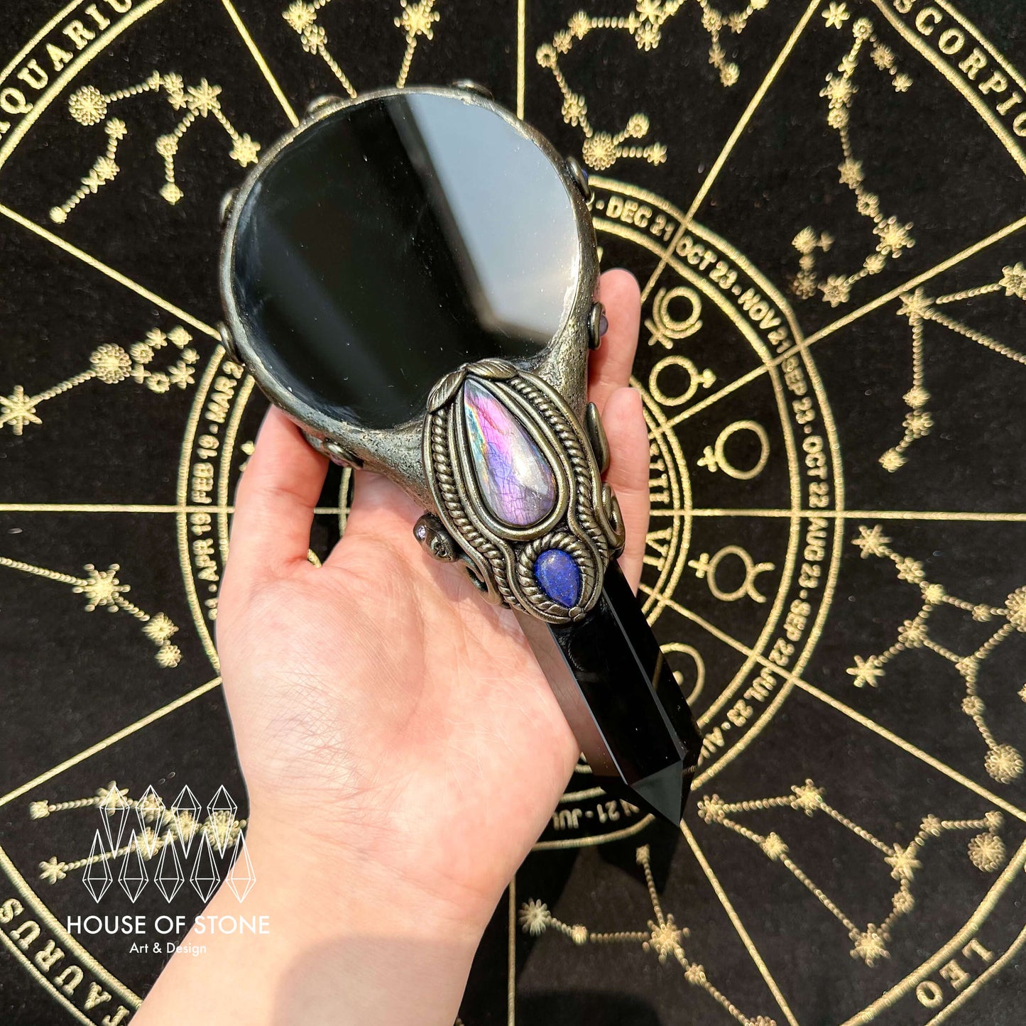Handmade Natural Black Obsidian Mirror/Magic Obsidian Witch Wand/Crystal Quartz Wand/Scrying Mirror Wand/Root Chakra/Manifest Altar Tool