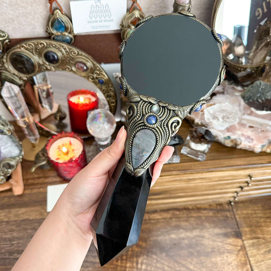 Handmade Natural Black Obsidian Mirror/Magic Obsidian Witch Wand/Crystal Quartz Wand/Scrying Mirror Wand/Root Chakra/Manifest Altar Tool