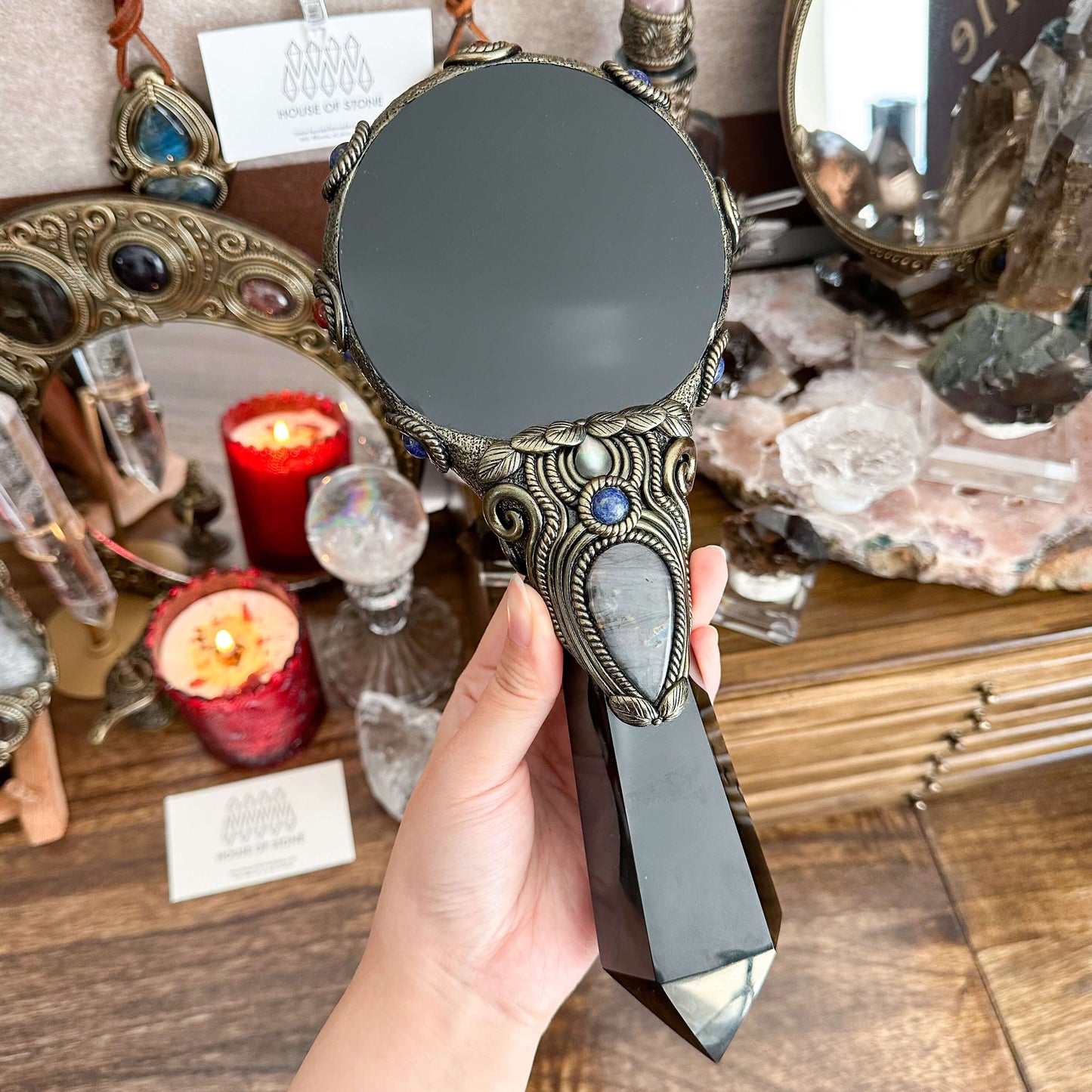 Handmade Natural Black Obsidian Mirror/Magic Obsidian Witch Wand/Crystal Quartz Wand/Scrying Mirror Wand/Root Chakra/Manifest Altar Tool