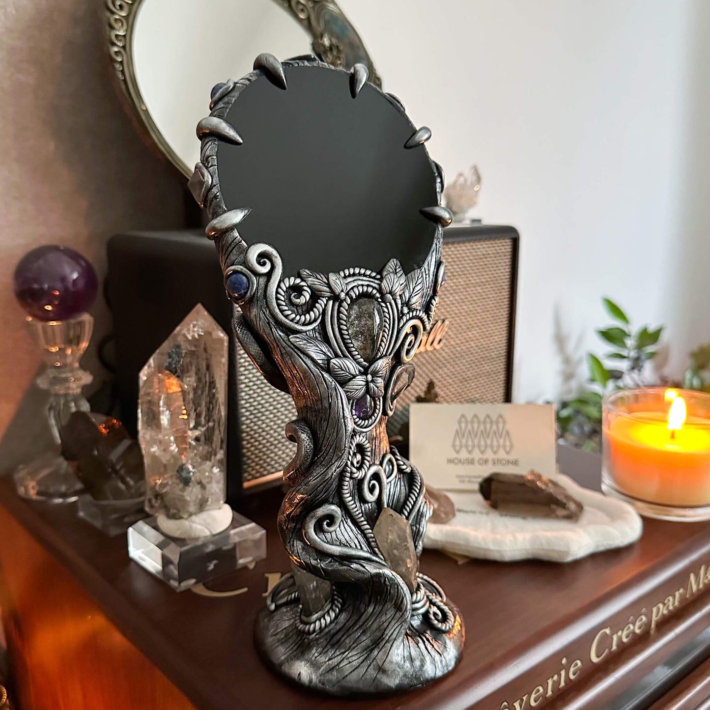 Handmade Natural Black Obsidian Mirror/Magic Obsidian Witch/Crystal Quartz with Base/Scrying Mirror/Root Chakra/Manifest Altar Tool