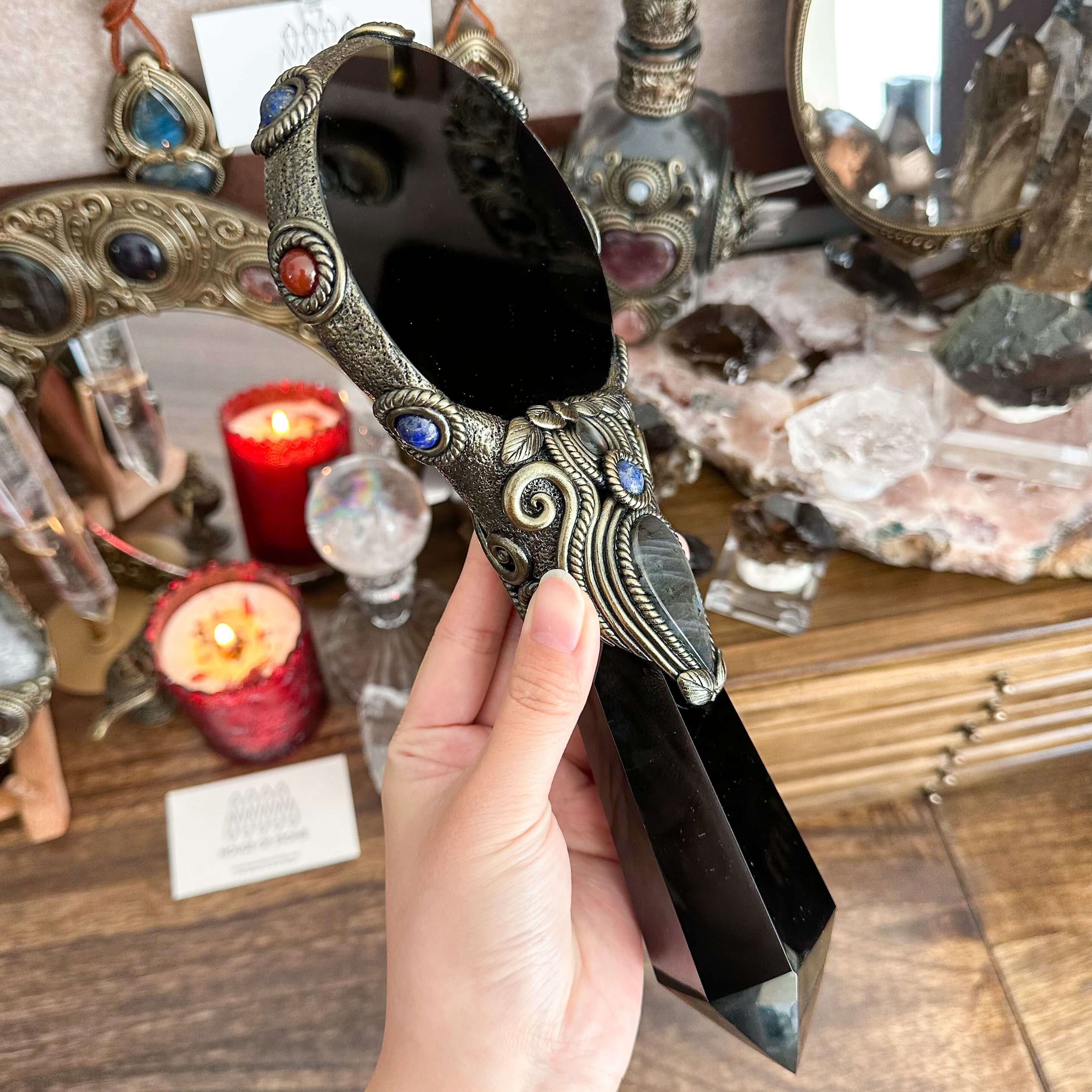 Mystifier / Wicca ブラックメタル スラッシュメタル Handmade Natural Black Obsidian Mirror/Magic Obsidian Witch Wand
