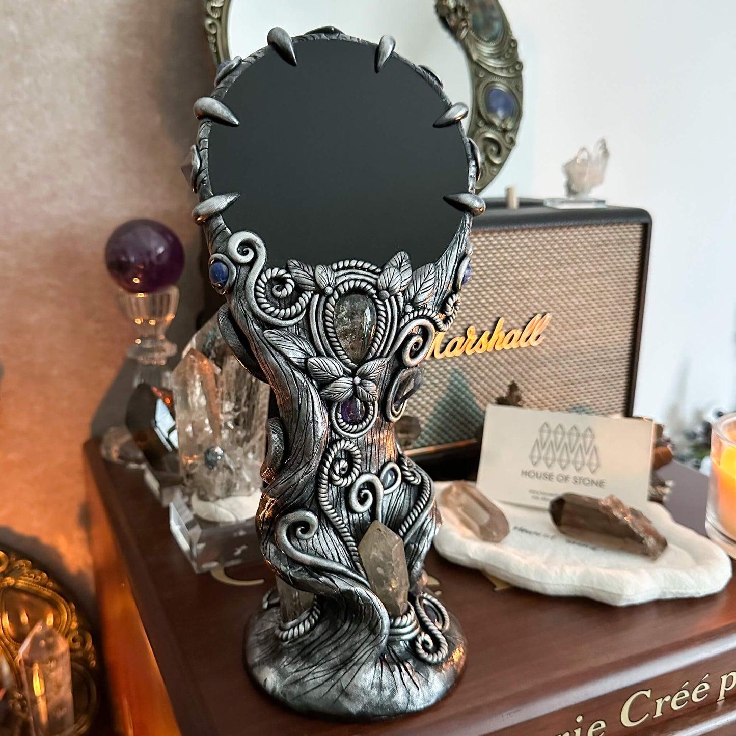 Handmade Natural Black Obsidian Mirror/Magic Obsidian Witch/Crystal Quartz with Base/Scrying Mirror/Root Chakra/Manifest Altar Tool