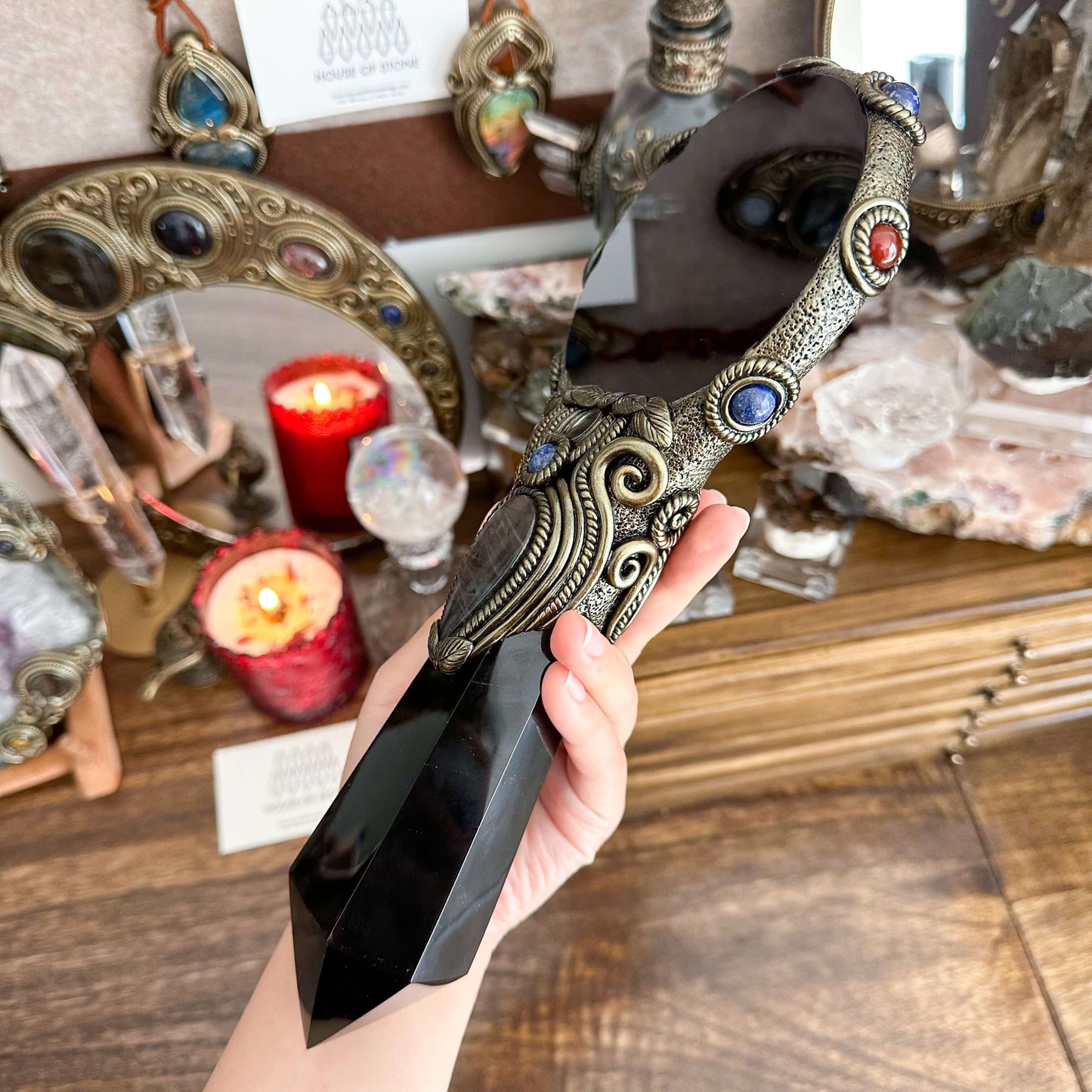 Handmade Natural Black Obsidian Mirror/Magic Obsidian Witch Wand/Crystal Quartz Wand/Scrying Mirror Wand/Root Chakra/Manifest Altar Tool