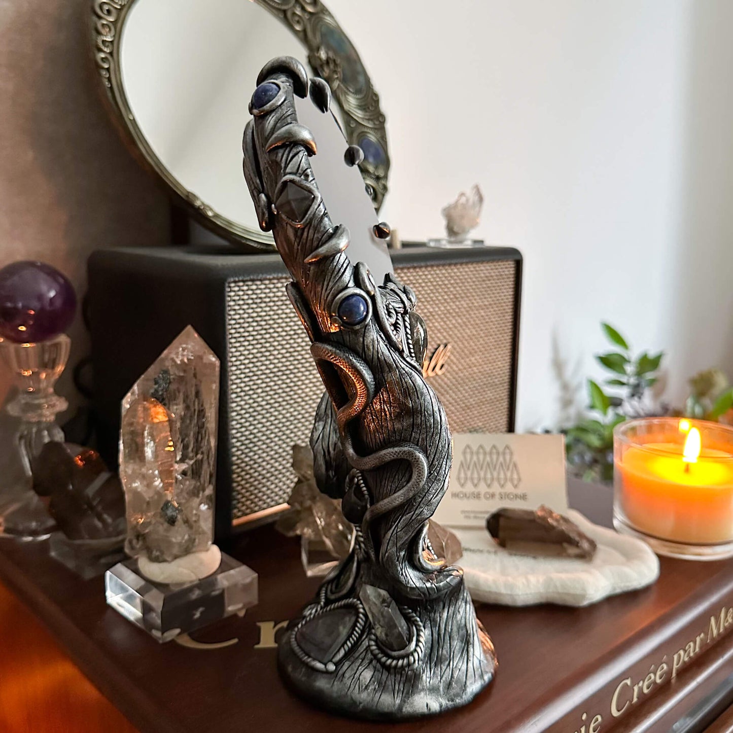 Handmade Natural Black Obsidian Mirror/Magic Obsidian Witch/Crystal Quartz with Base/Scrying Mirror/Root Chakra/Manifest Altar Tool