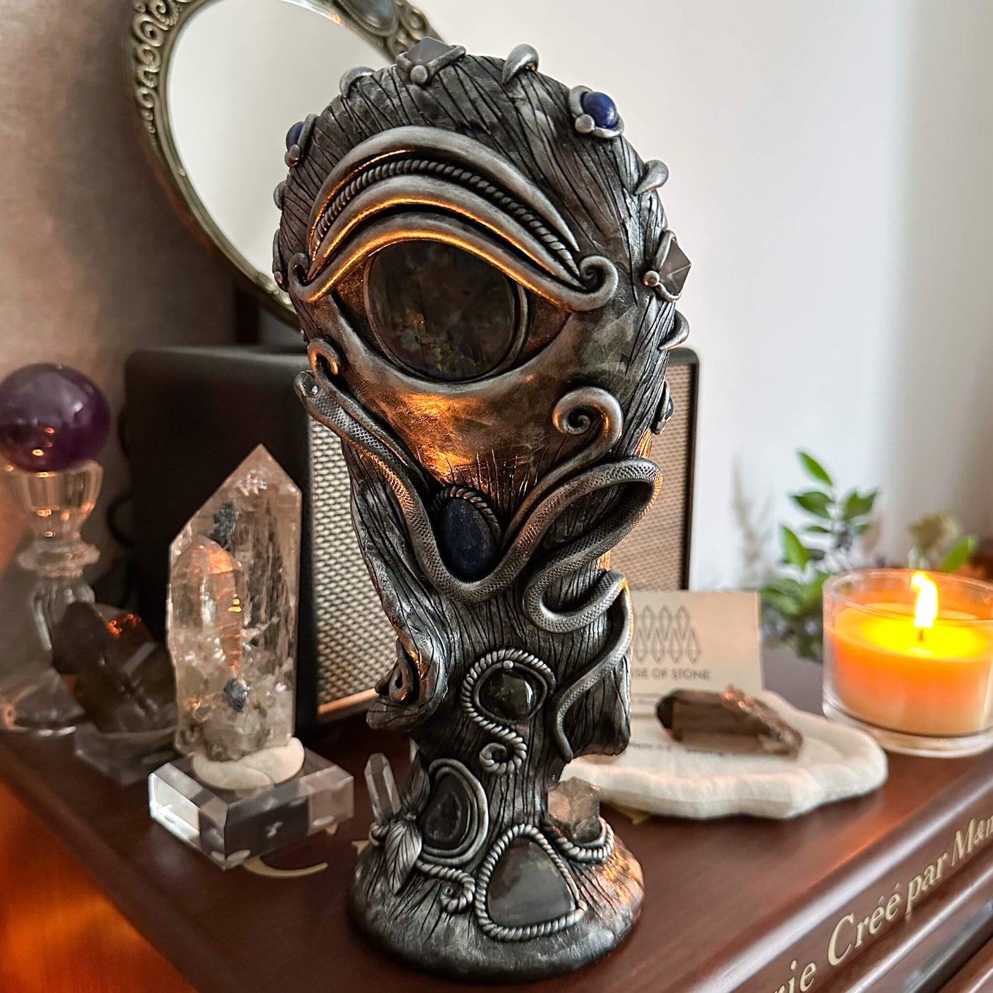 Handmade Natural Black Obsidian Mirror/Magic Obsidian Witch/Crystal Quartz with Base/Scrying Mirror/Root Chakra/Manifest Altar Tool