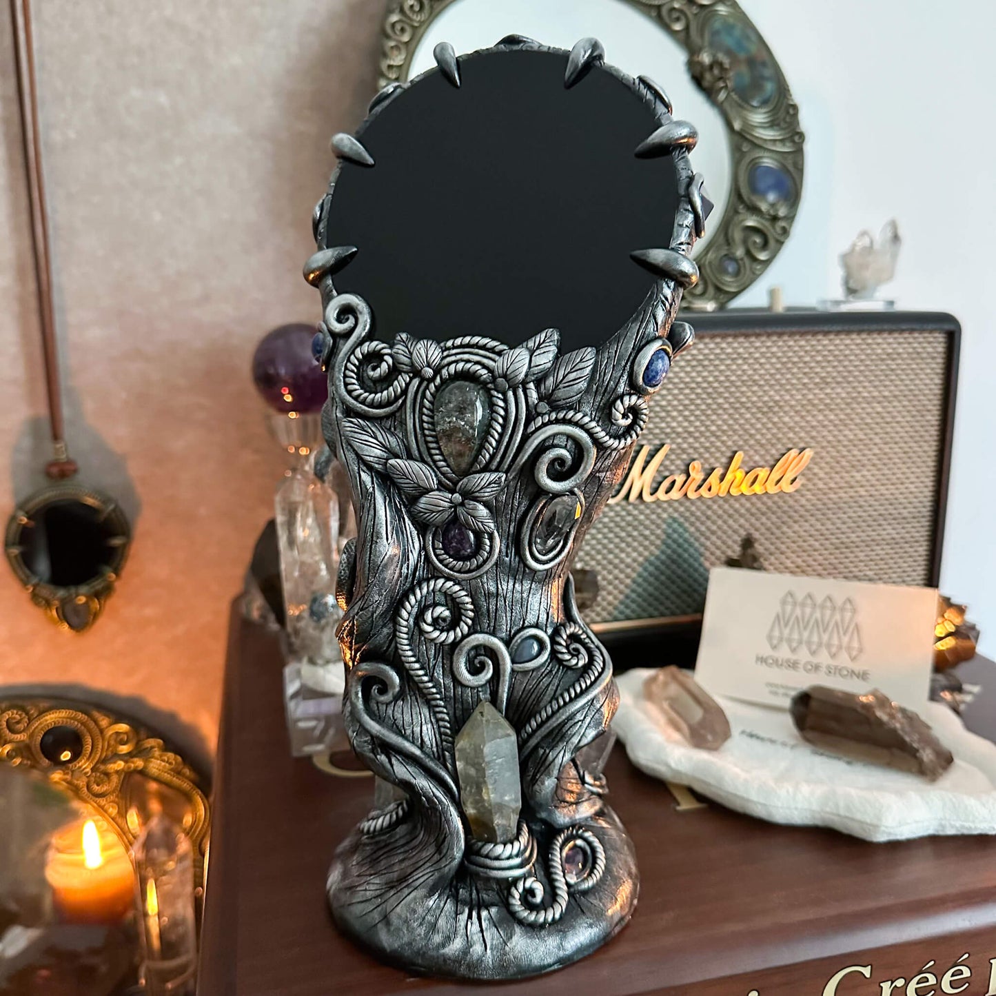 Handmade Natural Black Obsidian Mirror/Magic Obsidian Witch/Crystal Quartz with Base/Scrying Mirror/Root Chakra/Manifest Altar Tool