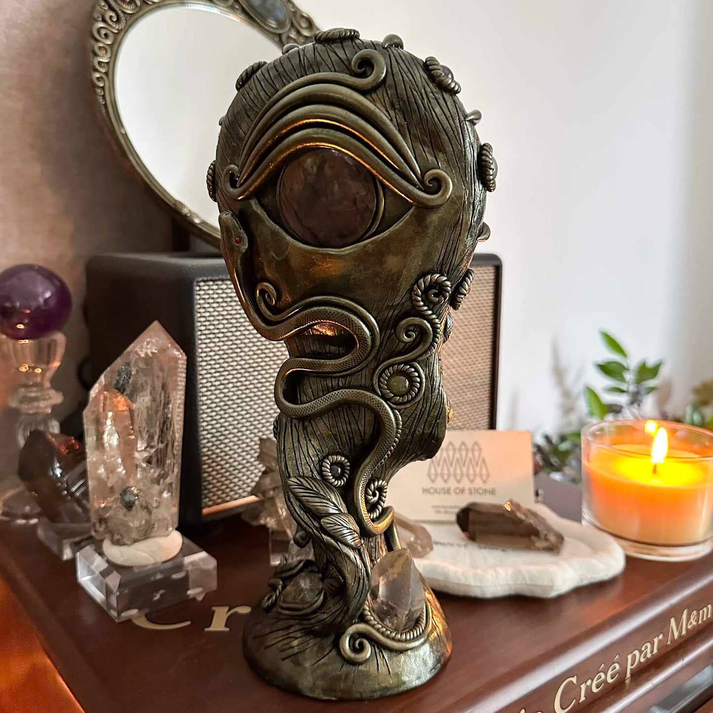 Handmade Natural Black Obsidian Mirror/Magic Obsidian Witch/Crystal Quartz with Base/Scrying Mirror/Root Chakra/Manifest Altar Tool