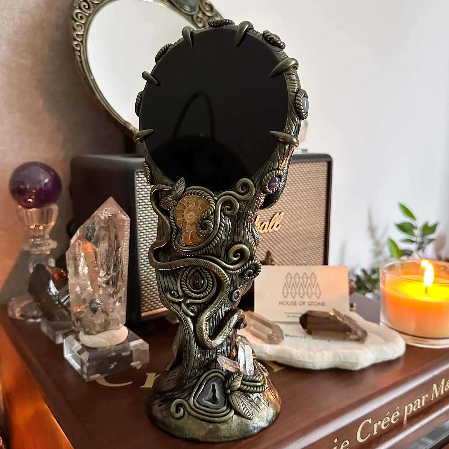 Handmade Natural Black Obsidian Mirror/Magic Obsidian Witch/Crystal Quartz with Base/Scrying Mirror/Root Chakra/Manifest Altar Tool
