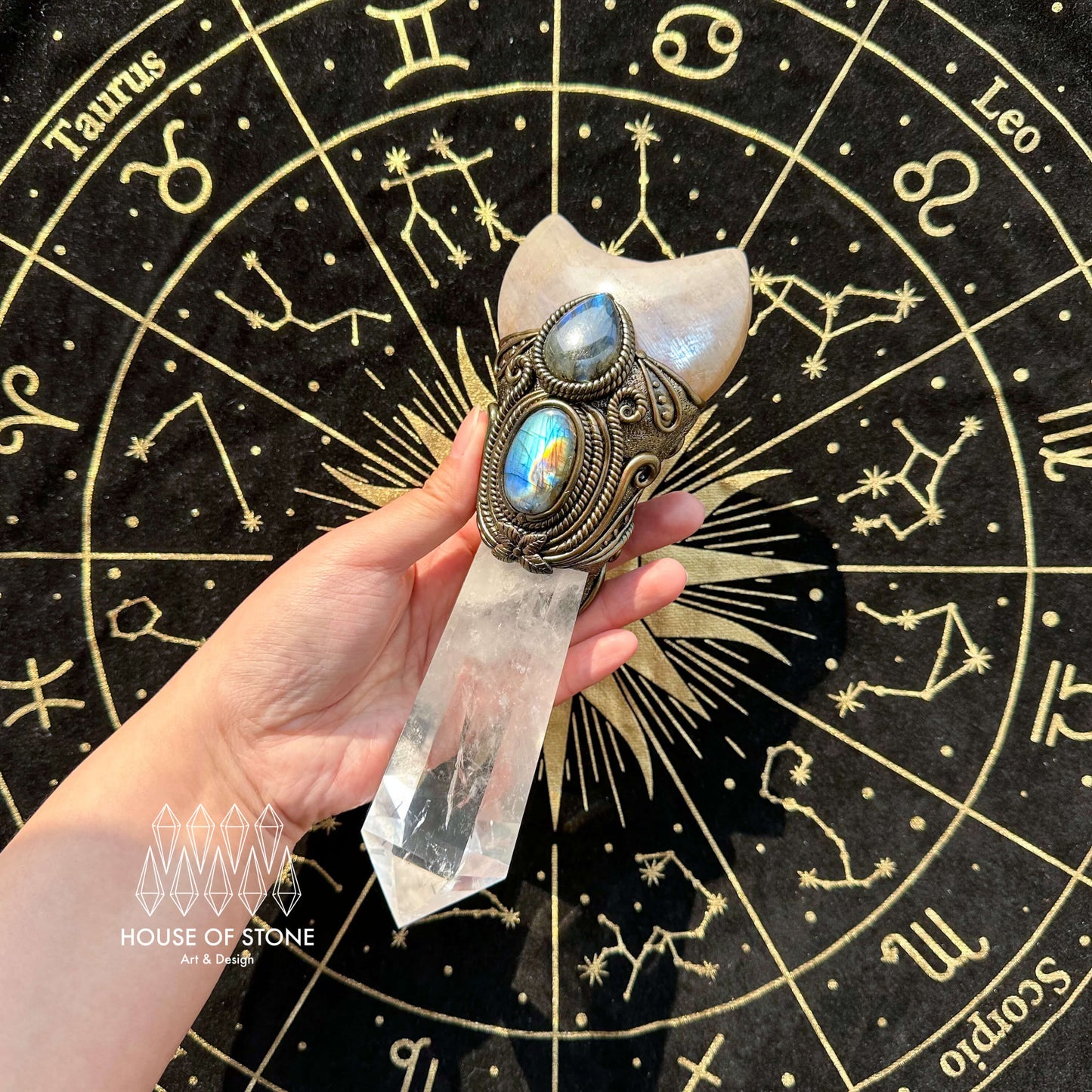 Natural Handmade Crystal Quartz Wand/Magic Witch Crystal Wand/Moonstone Clear Quartz Labradorite Wand/Chakra Healing/Manifest Altar Tool