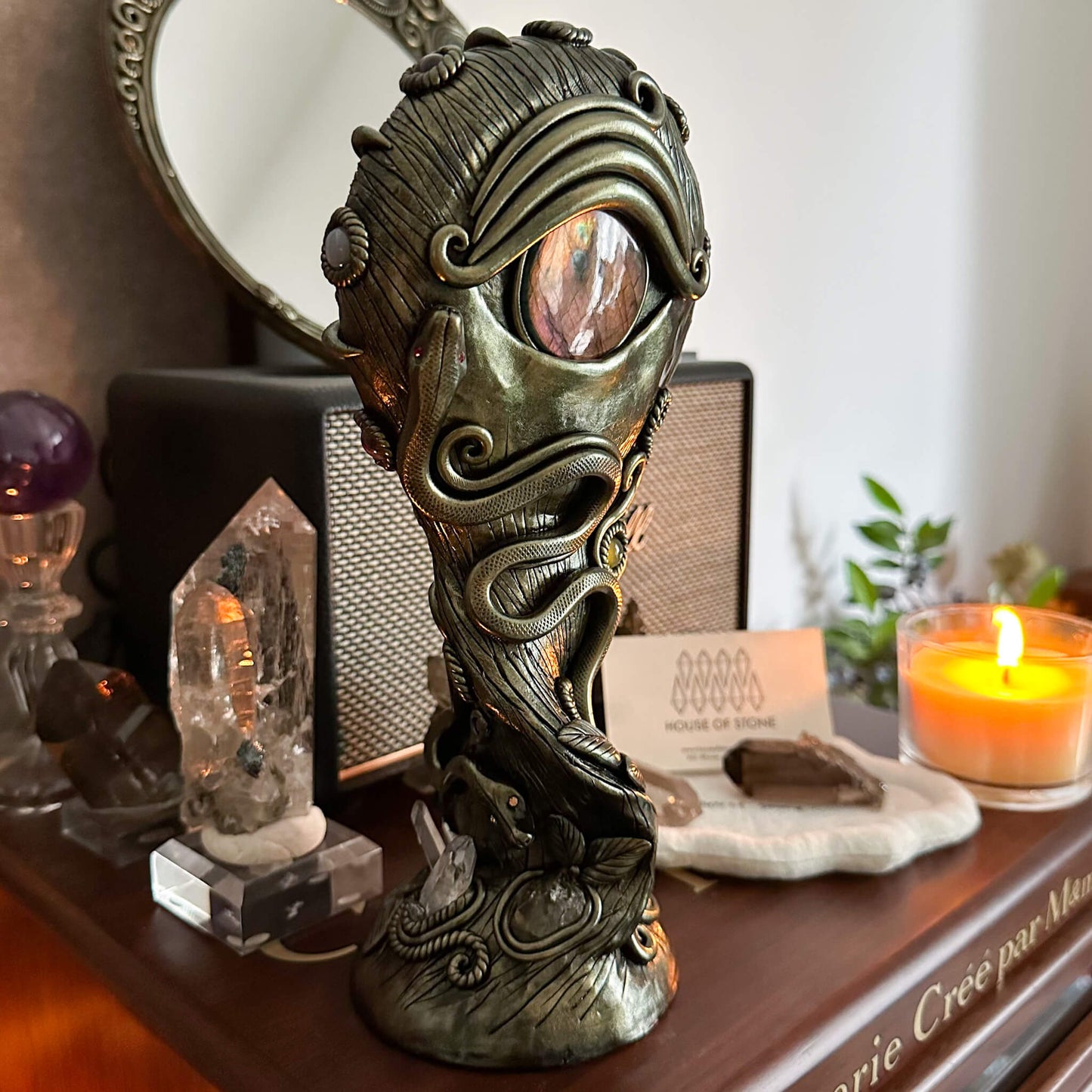 Handmade Natural Black Obsidian Mirror/Magic Obsidian Witch/Crystal Quartz with Base/Scrying Mirror/Root Chakra/Manifest Altar Tool