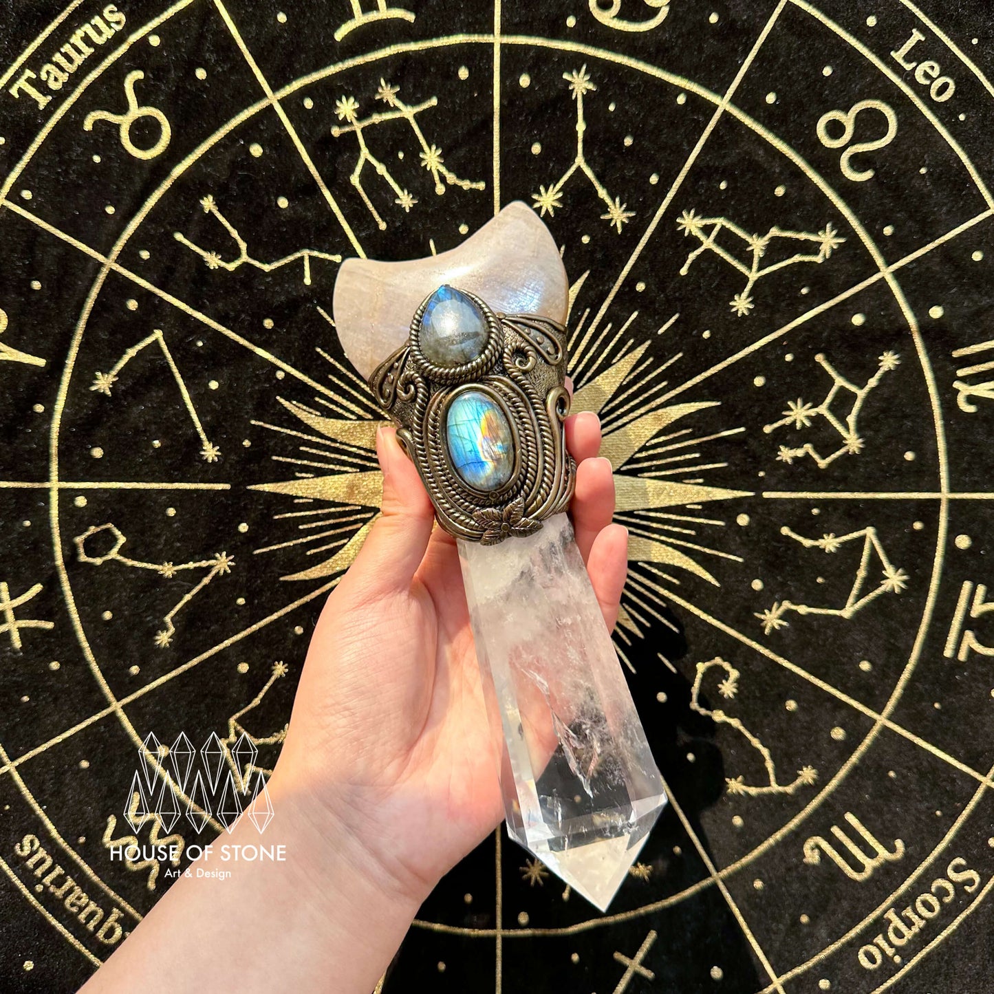 Natural Handmade Crystal Quartz Wand/Magic Witch Crystal Wand/Moonstone Clear Quartz Labradorite Wand/Chakra Healing/Manifest Altar Tool