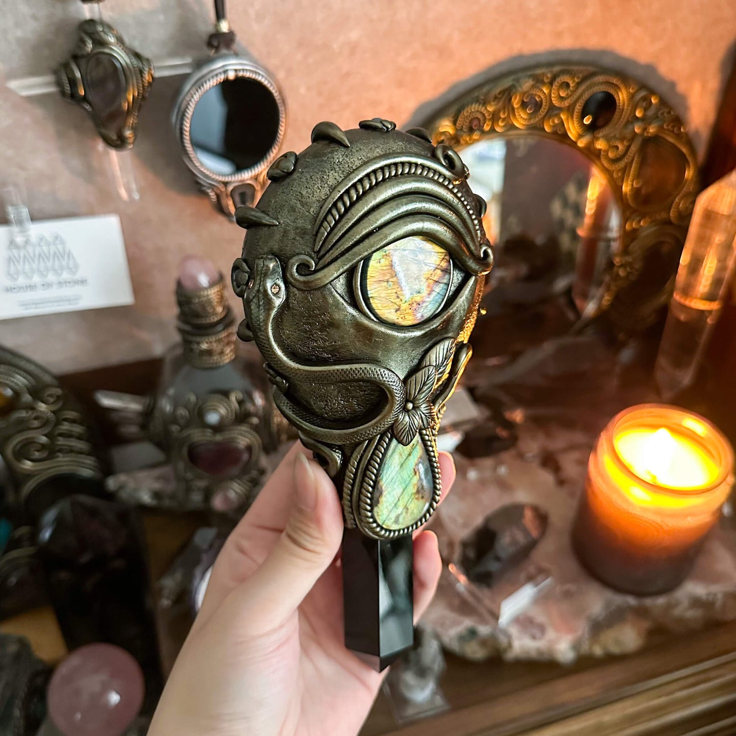 Handmade Natural Black Obsidian Mirror/Magic Obsidian Witch Wand/Crystal Quartz Wand/Scrying Mirror Wand/Root Chakra/Manifest Altar Tool