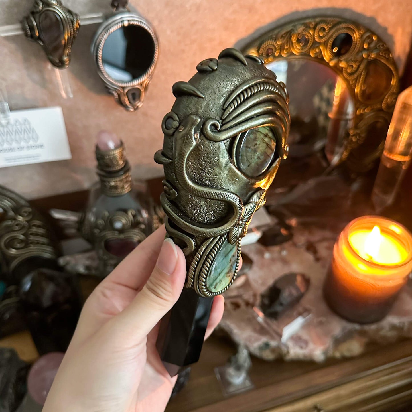 Handmade Natural Black Obsidian Mirror/Magic Obsidian Witch Wand/Crystal Quartz Wand/Scrying Mirror Wand/Root Chakra/Manifest Altar Tool