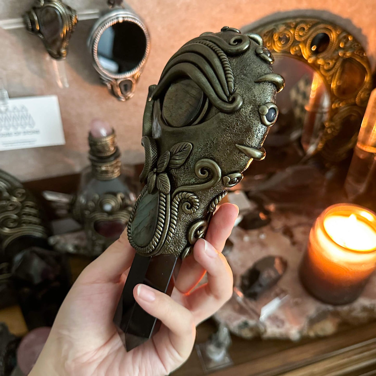 Handmade Natural Black Obsidian Mirror/Magic Obsidian Witch Wand/Crystal Quartz Wand/Scrying Mirror Wand/Root Chakra/Manifest Altar Tool